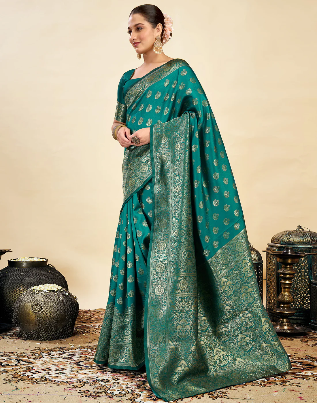 AXONIT Jacquard Saree for Women | Rama Green Jacquard Saree with Golden Zari Work | Design A234 | Soft Elegant Saree