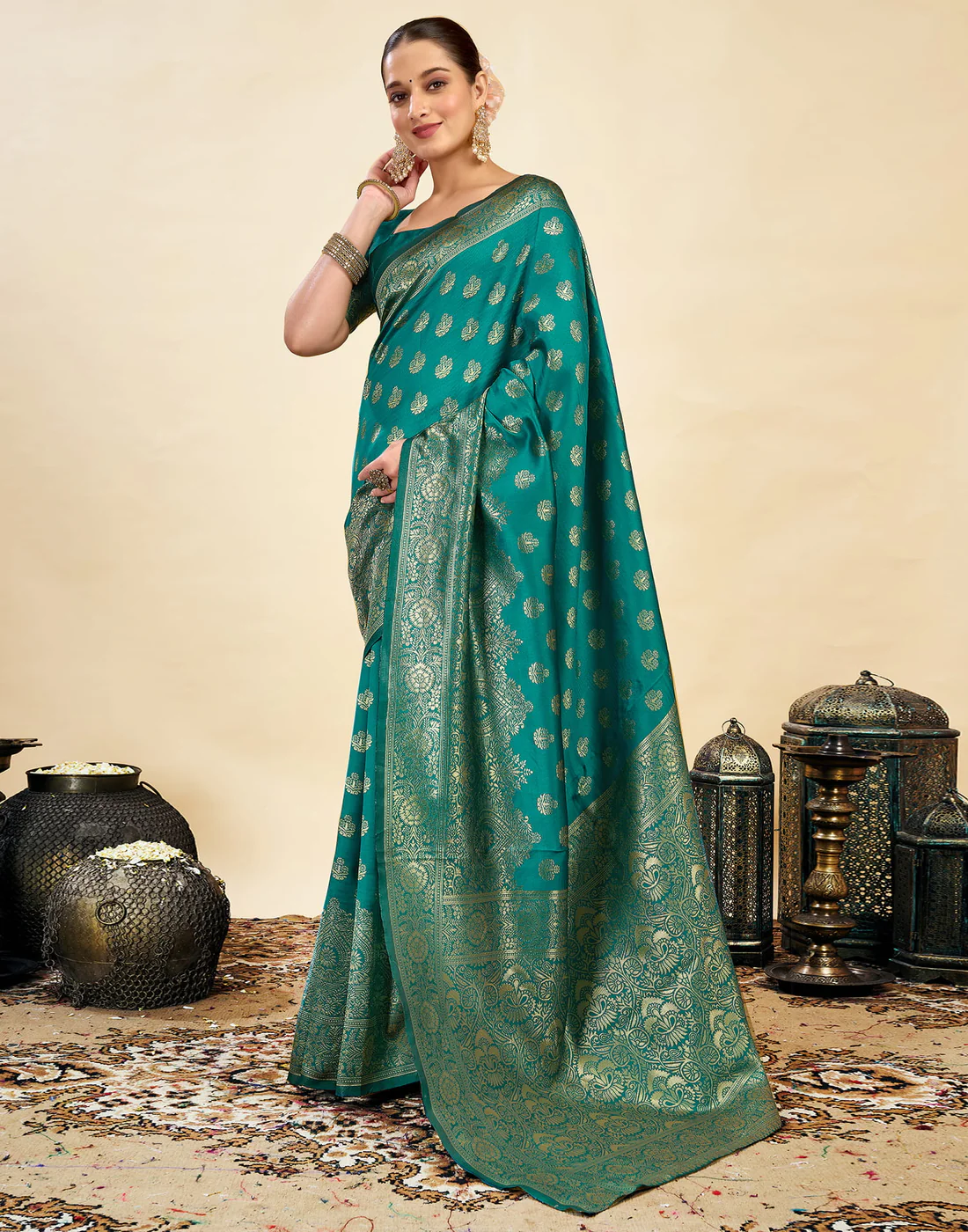 AXONIT Jacquard Saree for Women | Rama Green Jacquard Saree with Golden Zari Work | Design A234 | Soft Elegant Saree