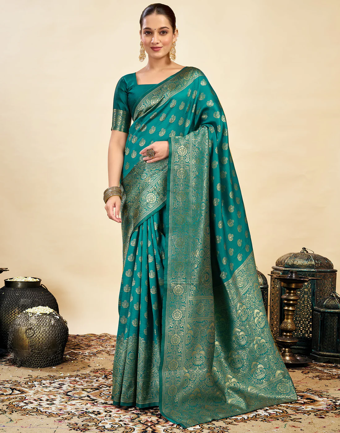 AXONIT Jacquard Saree for Women | Rama Green Jacquard Saree with Golden Zari Work | Design A234 | Soft Elegant Saree