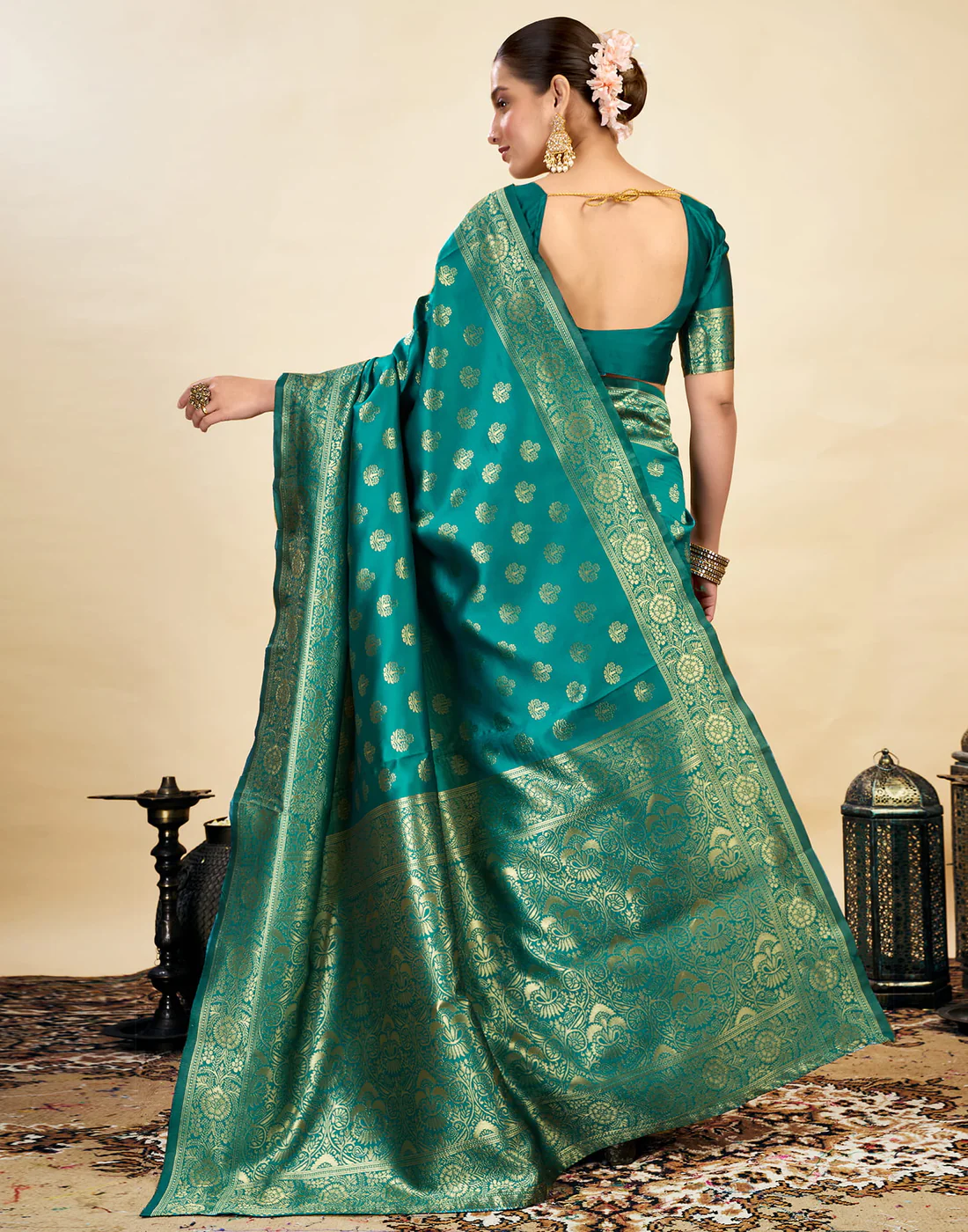 AXONIT Jacquard Saree for Women | Rama Green Jacquard Saree with Golden Zari Work | Design A234 | Soft Elegant Saree