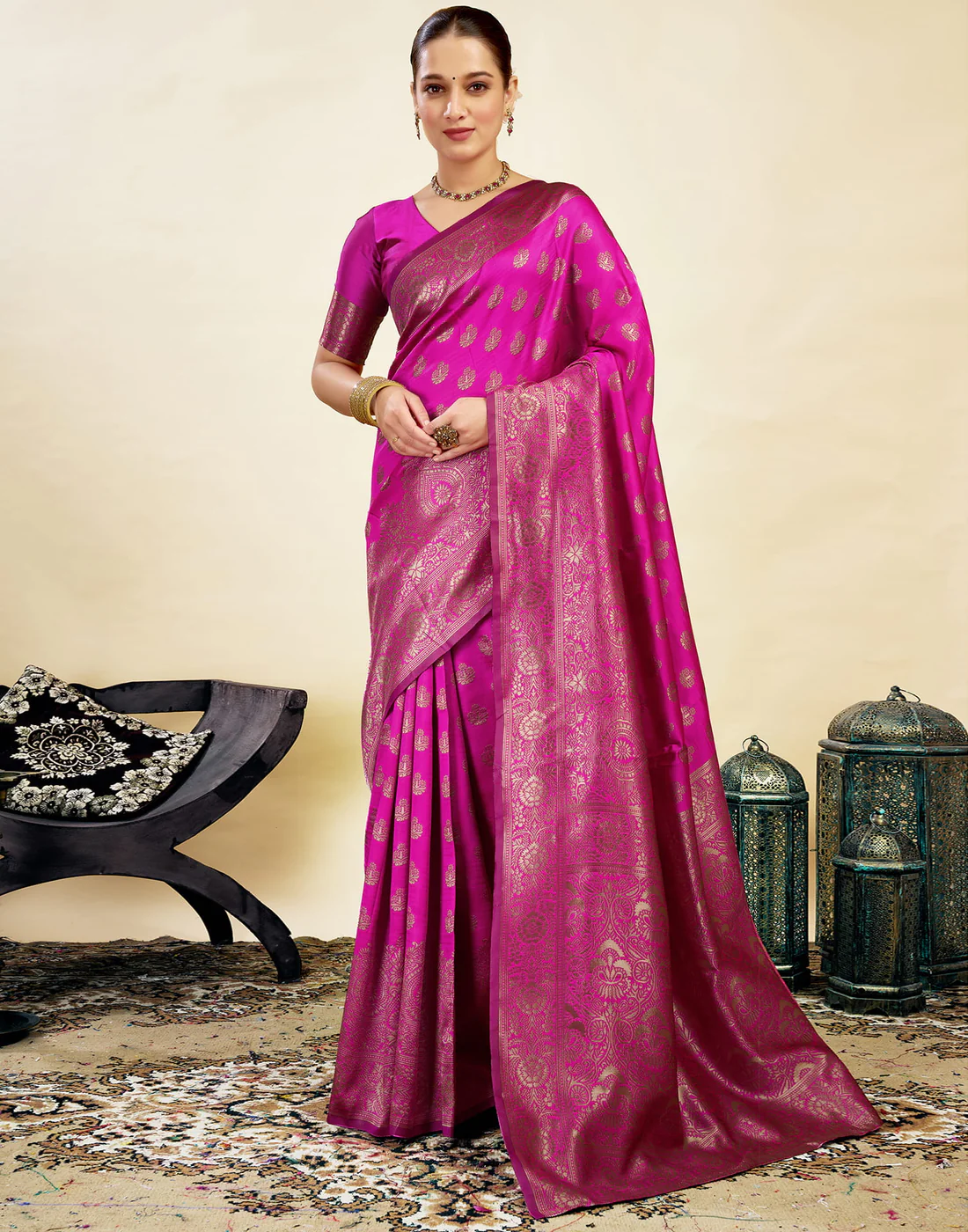 acquard Saree for Women | Rani Pink Jacquard Saree with Golden Zari Work | Design A234 | Soft Elegant Saree