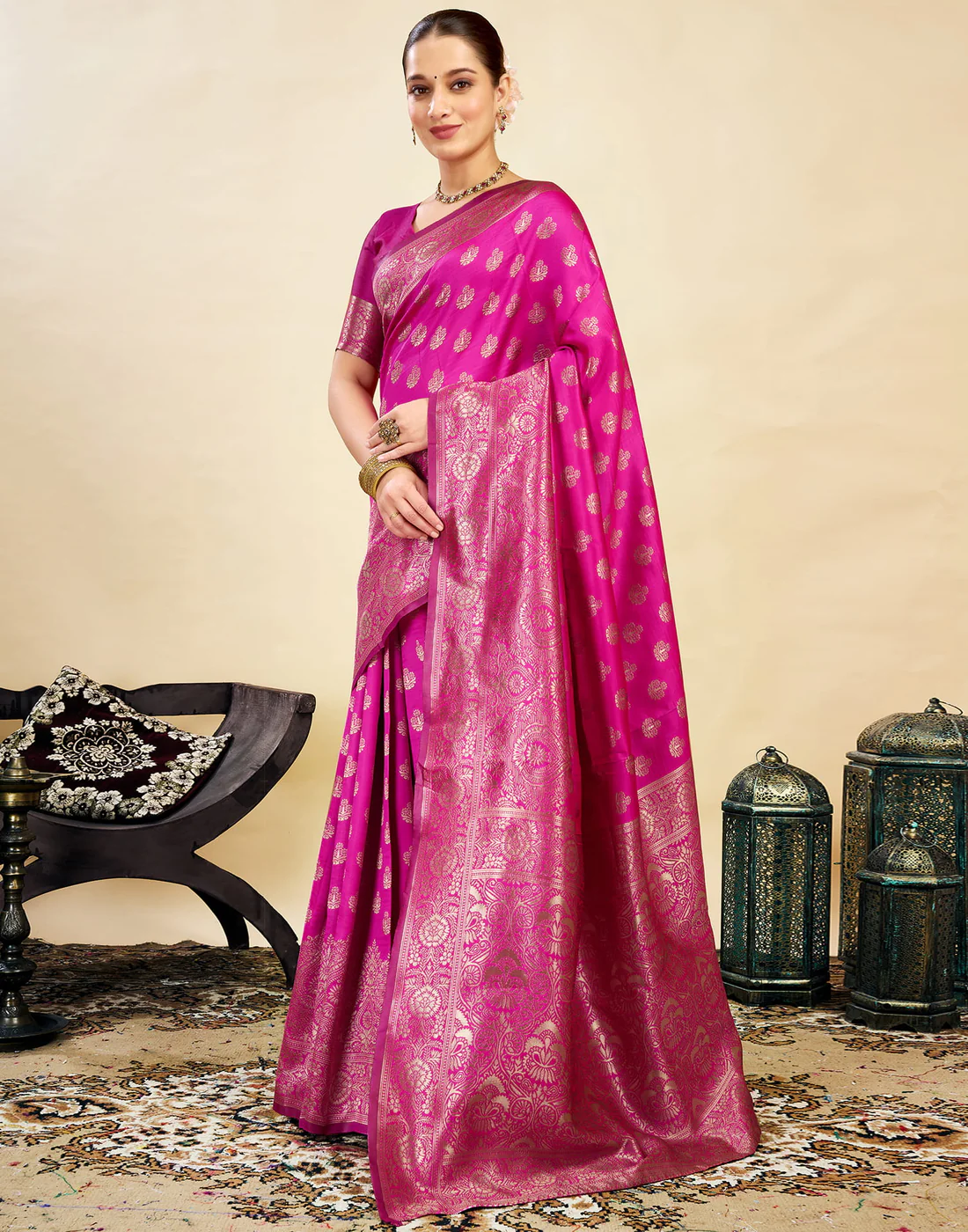 acquard Saree for Women | Rani Pink Jacquard Saree with Golden Zari Work | Design A234 | Soft Elegant Saree