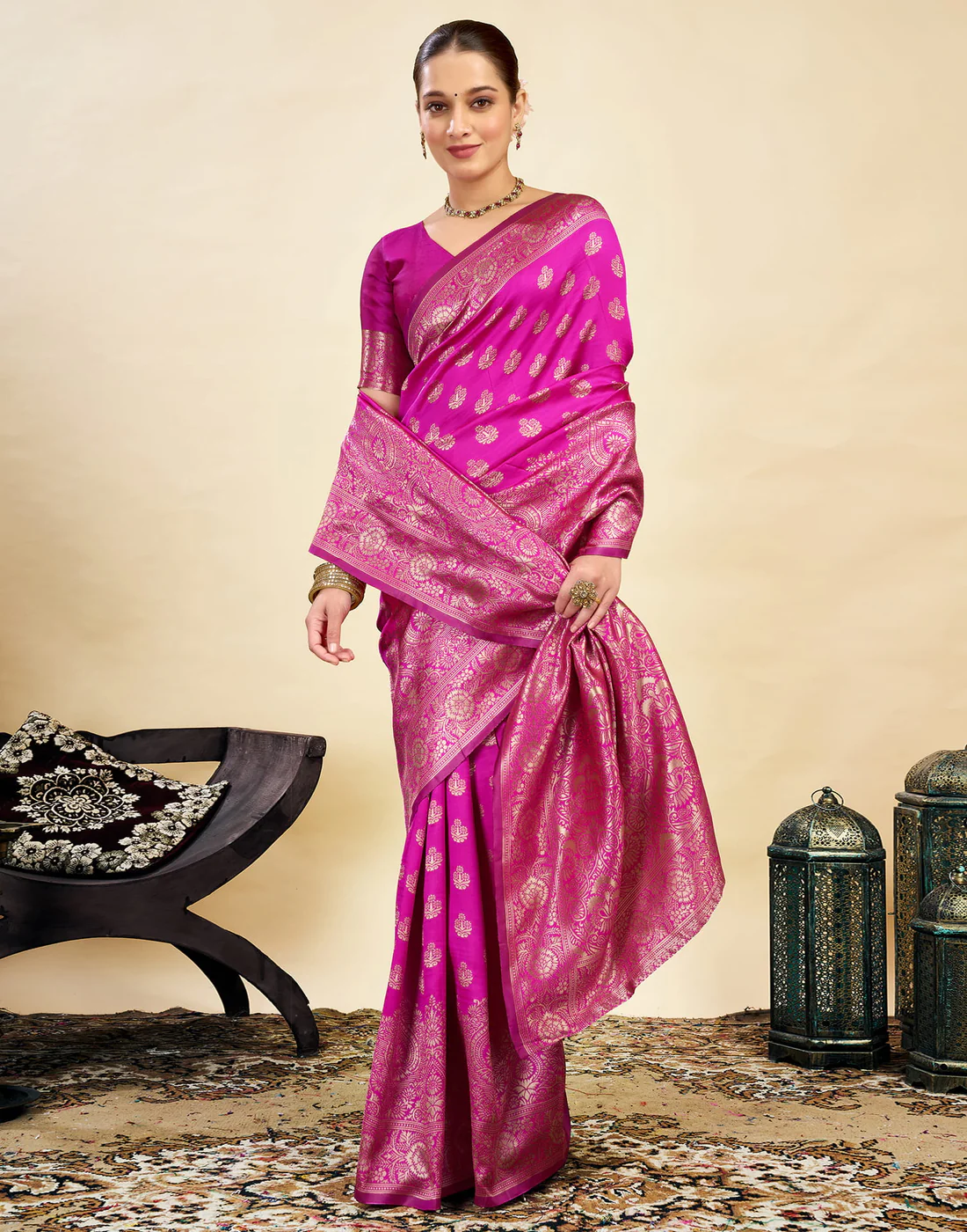 acquard Saree for Women | Rani Pink Jacquard Saree with Golden Zari Work | Design A234 | Soft Elegant Saree