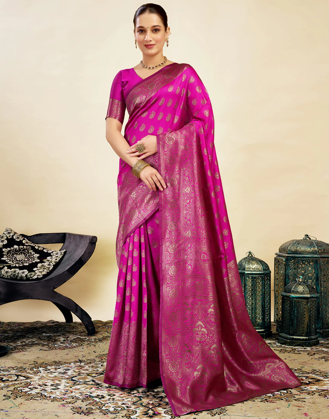 acquard Saree for Women | Rani Pink Jacquard Saree with Golden Zari Work | Design A234 | Soft Elegant Saree