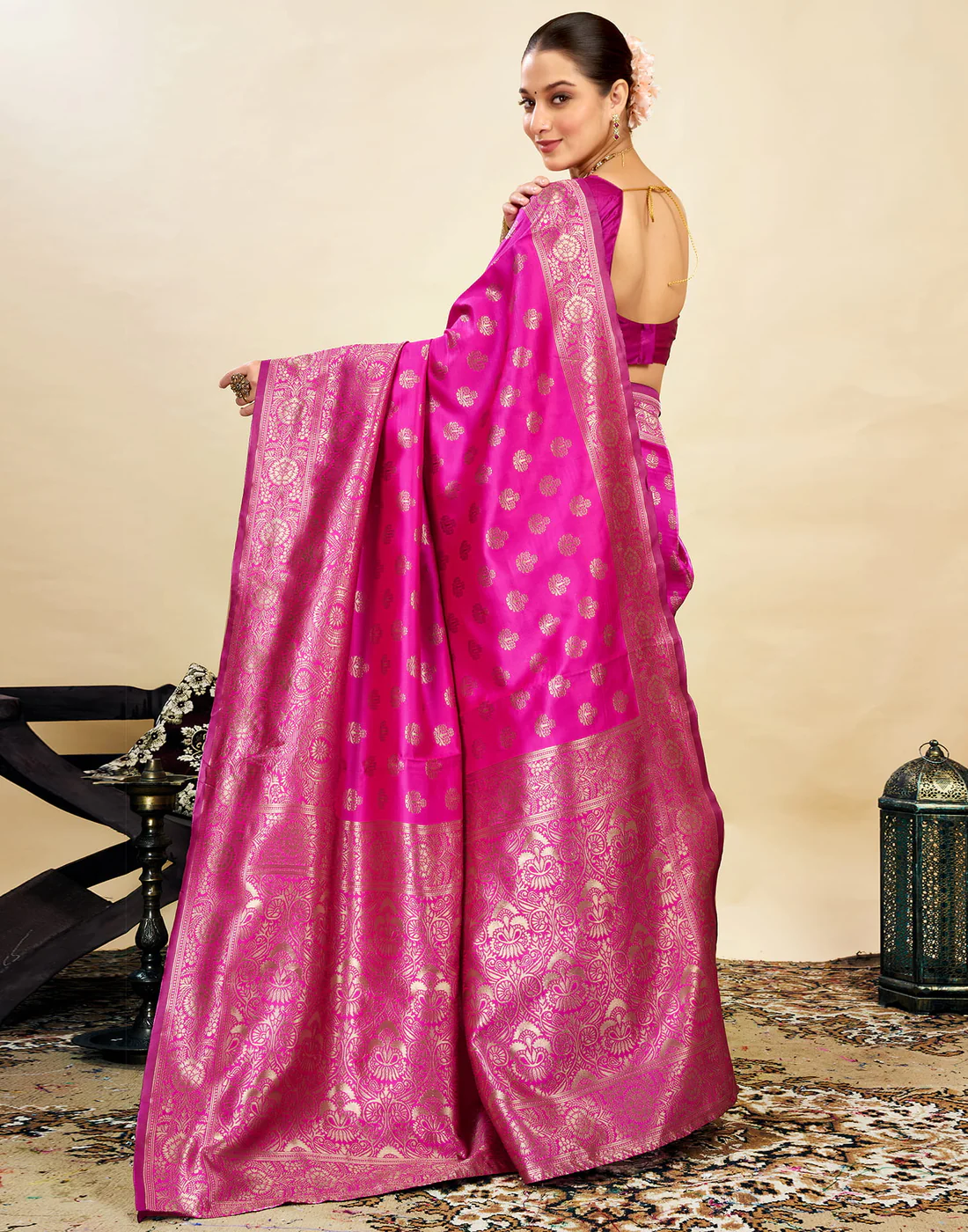 acquard Saree for Women | Rani Pink Jacquard Saree with Golden Zari Work | Design A234 | Soft Elegant Saree