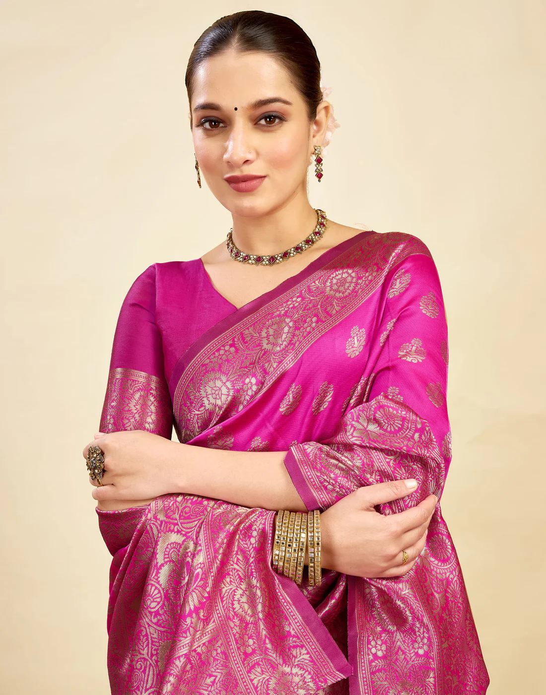 acquard Saree for Women | Rani Pink Jacquard Saree with Golden Zari Work | Design A234 | Soft Elegant Saree