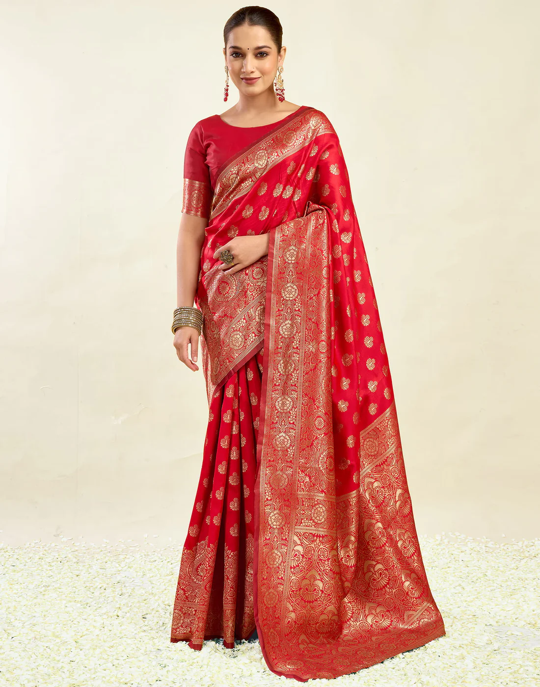 Red Jacquard Saree for Women with Antique Gold Border