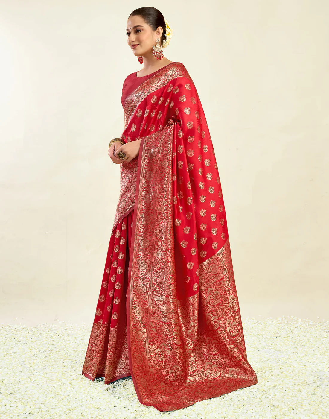 Red Jacquard Saree for Women with Antique Gold Border