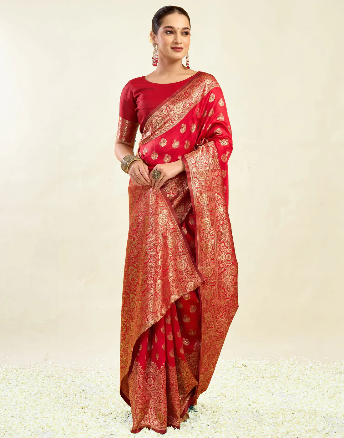 Red Jacquard Saree for Women with Antique Gold Border