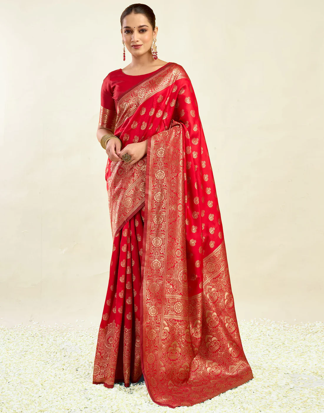 Red Jacquard Saree for Women with Antique Gold Border
