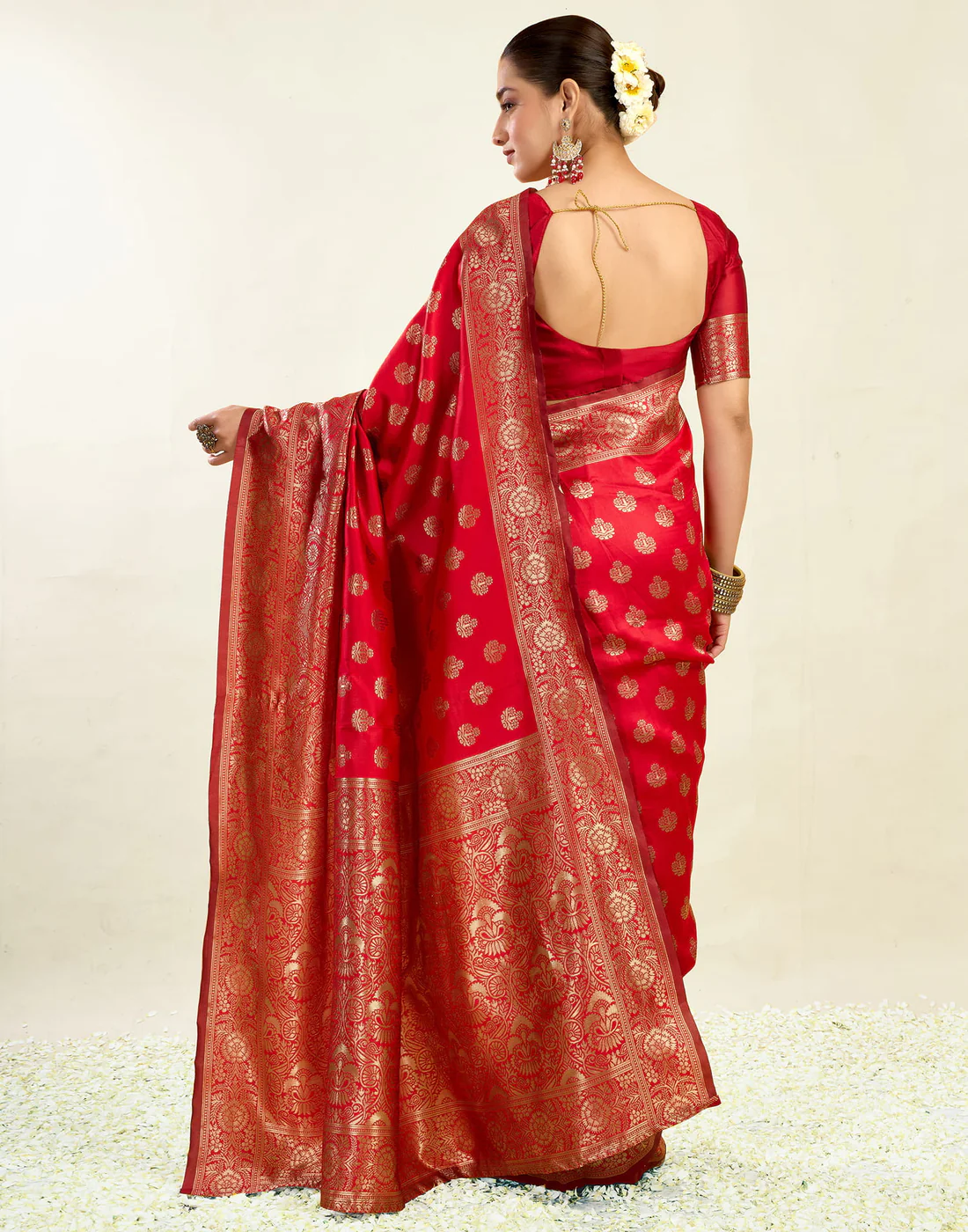 Red Jacquard Saree for Women with Antique Gold Border