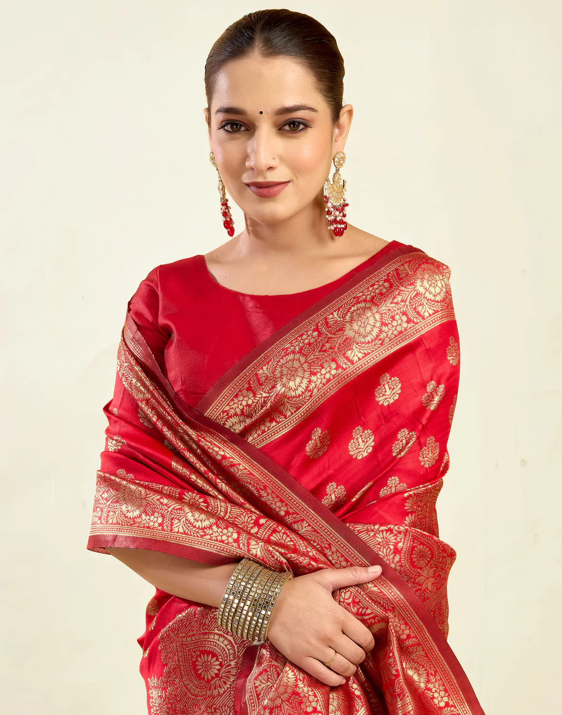 Red Jacquard Saree for Women with Antique Gold Border