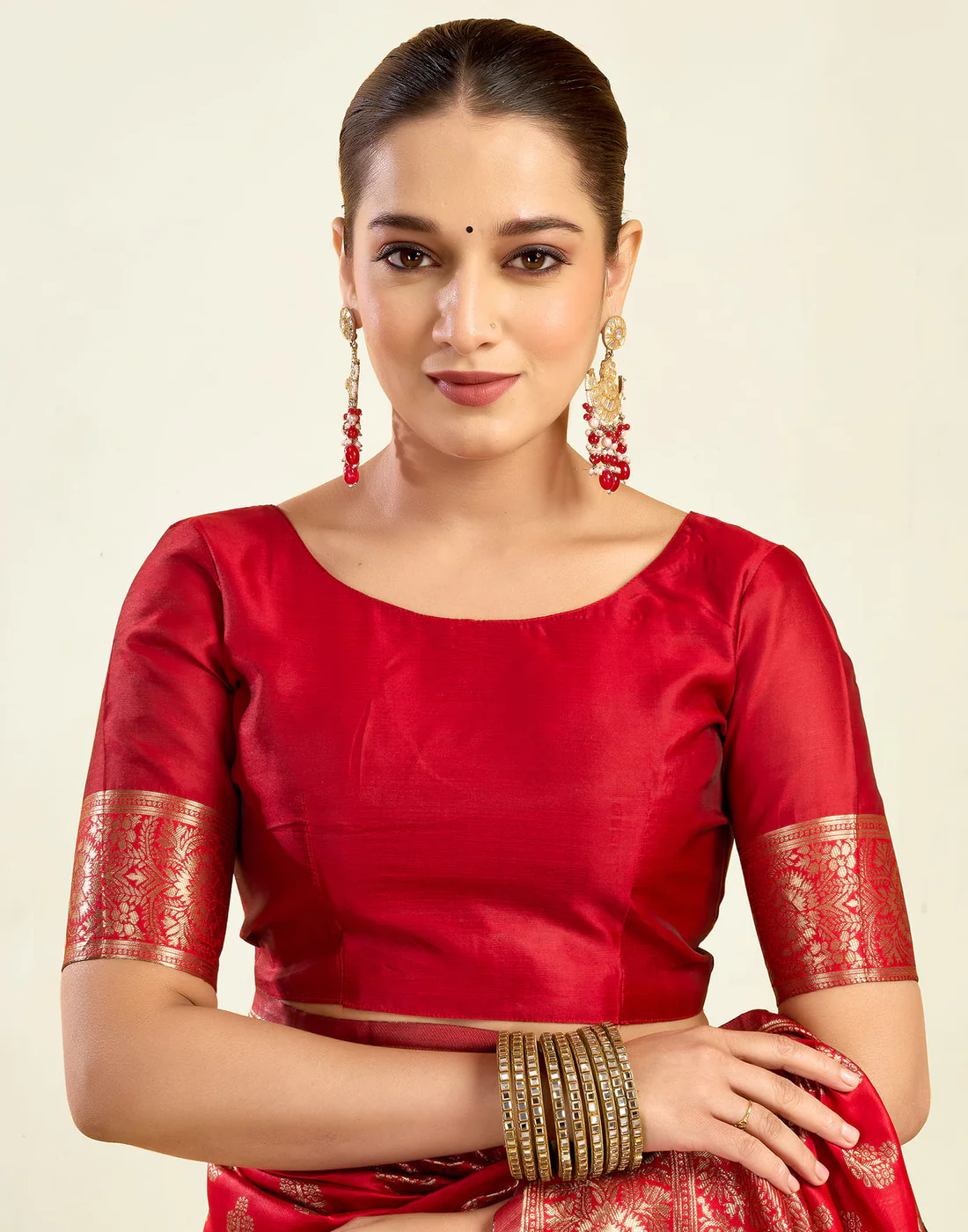 Red Jacquard Saree for Women with Antique Gold Border