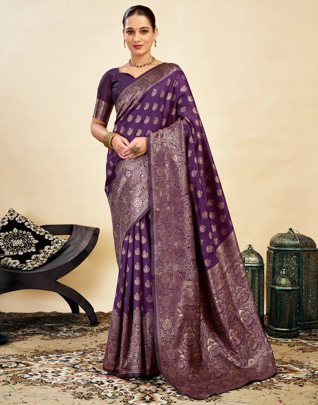 AXONIT Wine Jacquard Saree for Women with Golden Zari Weaving