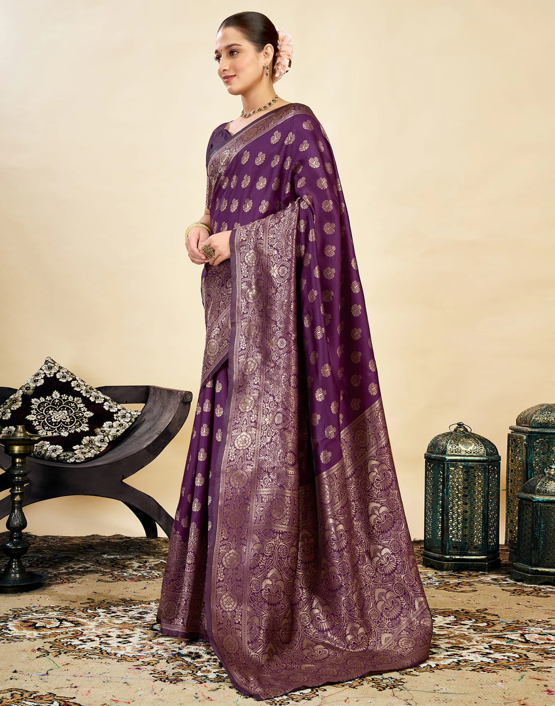 AXONIT Wine Jacquard Saree for Women with Golden Zari Weaving