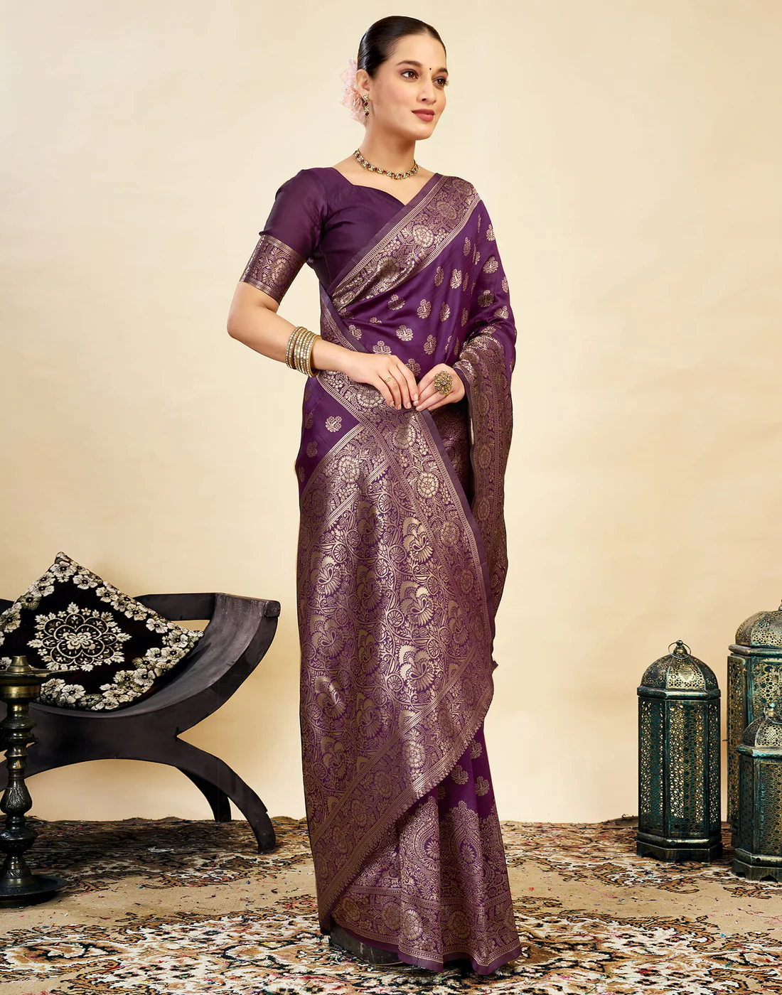 AXONIT Wine Jacquard Saree for Women with Golden Zari Weaving