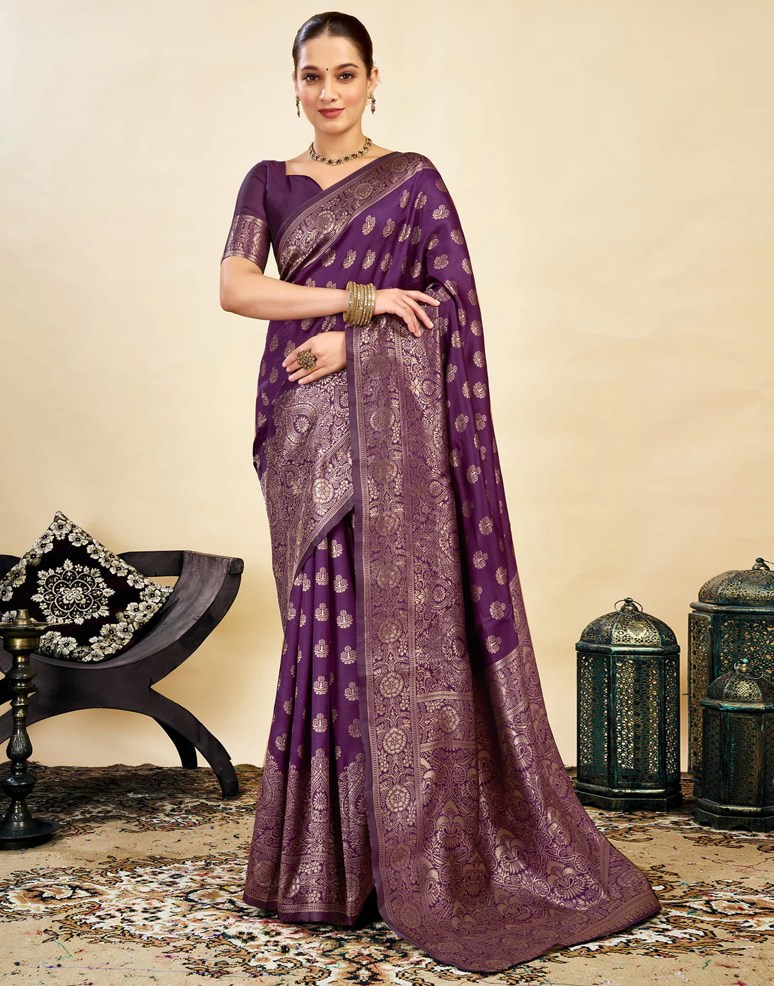 AXONIT Wine Jacquard Saree for Women with Golden Zari Weaving