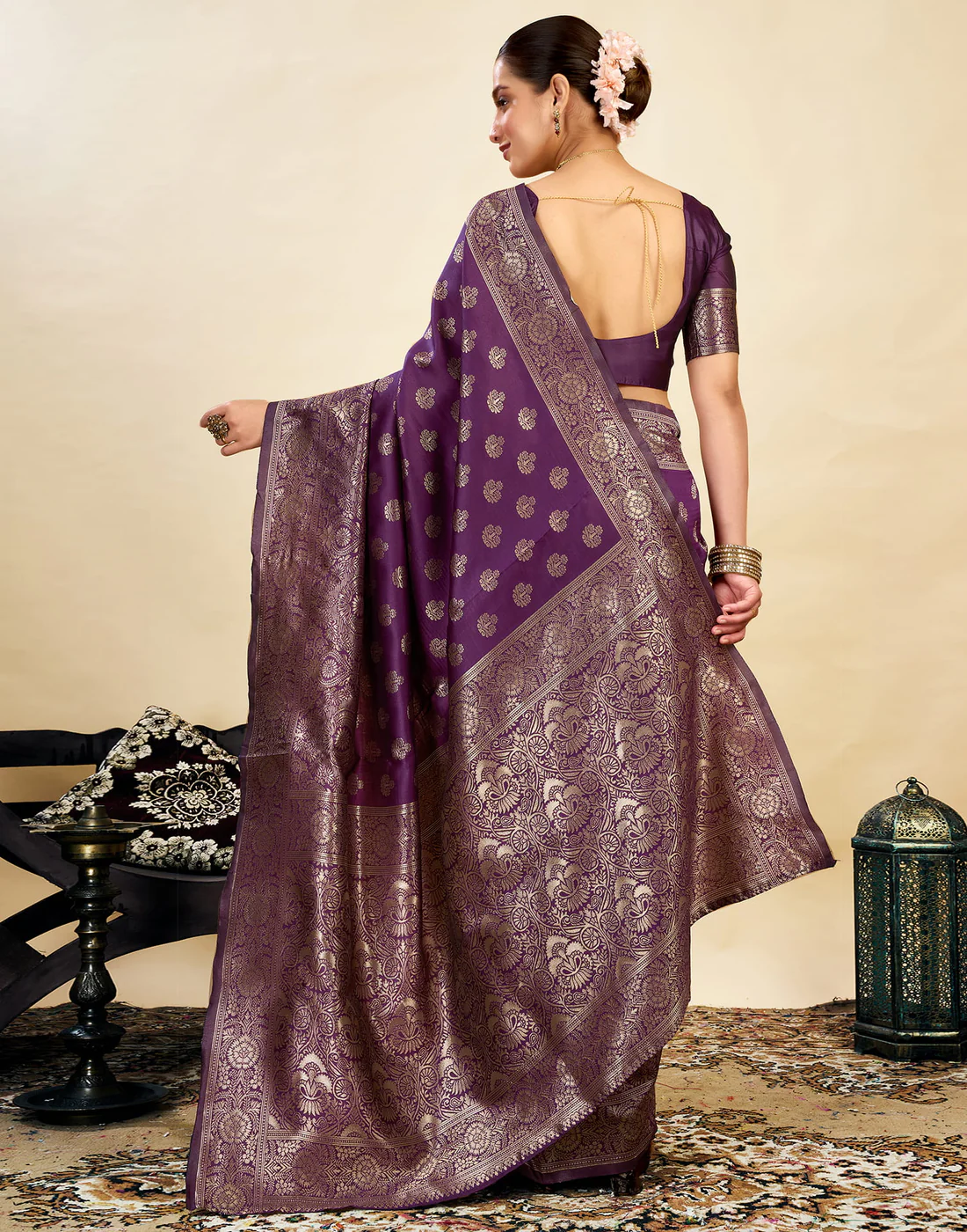 AXONIT Wine Jacquard Saree for Women with Golden Zari Weaving