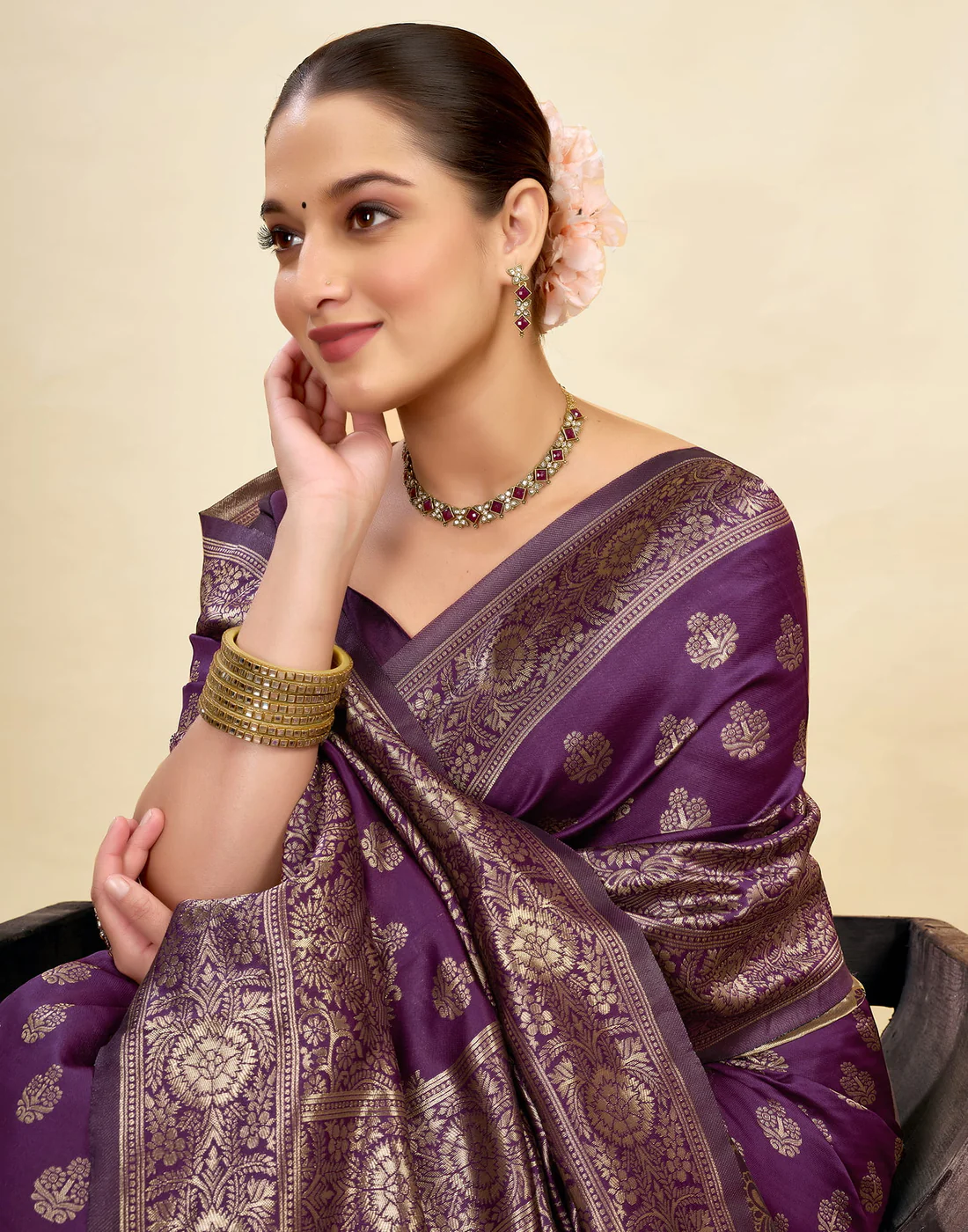AXONIT Wine Jacquard Saree for Women with Golden Zari Weaving