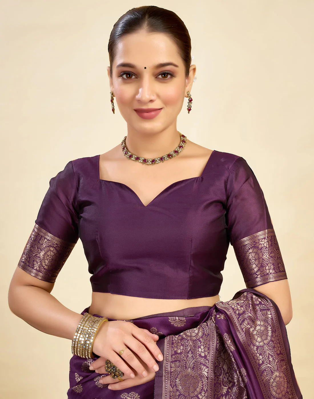 AXONIT Wine Jacquard Saree for Women with Golden Zari Weaving