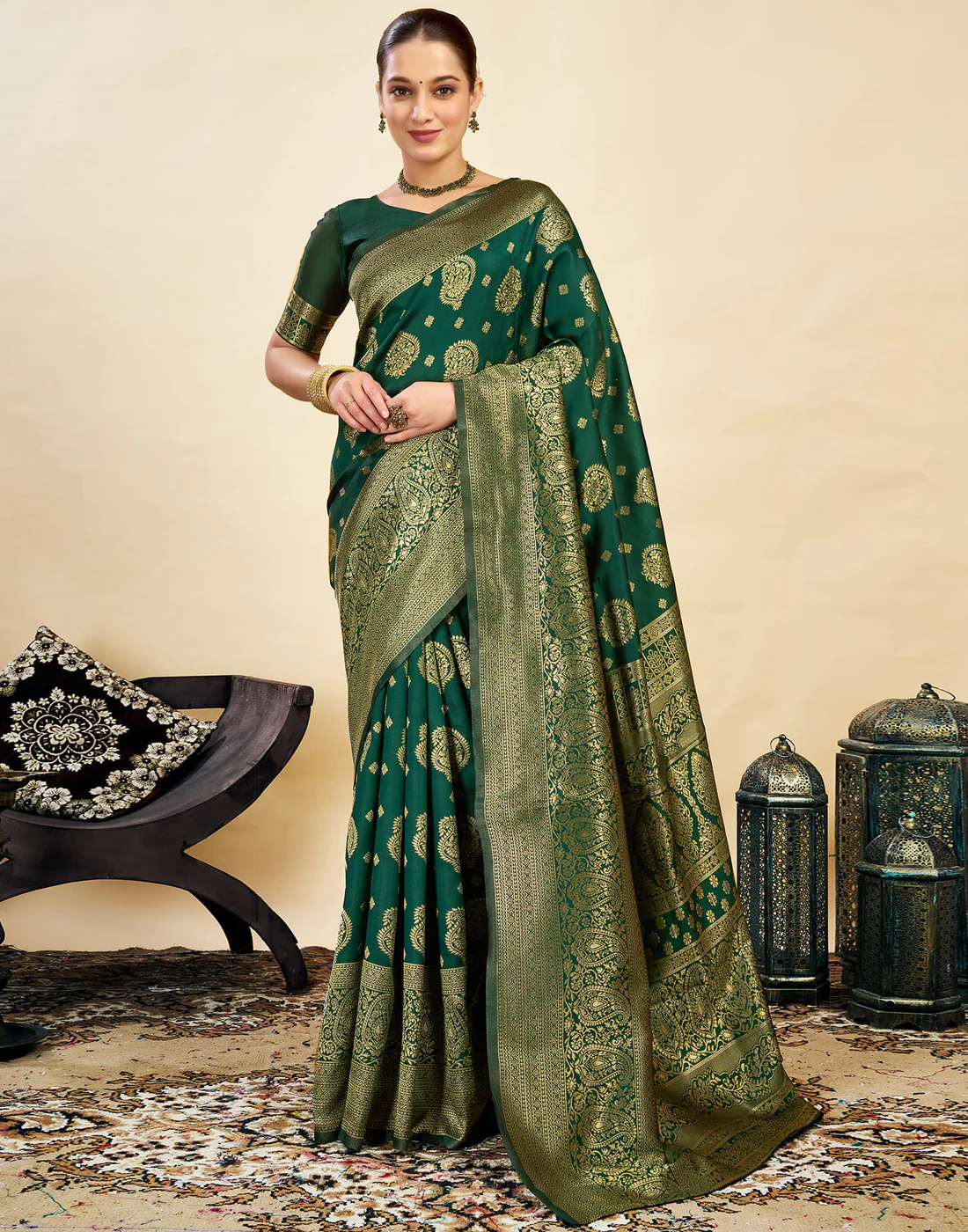 Bottle Green Jacquard Saree for Women with Golden Zari Weaving | Premium Festive, Wedding & Party Wear Saree with Unstitched Blouse Piece