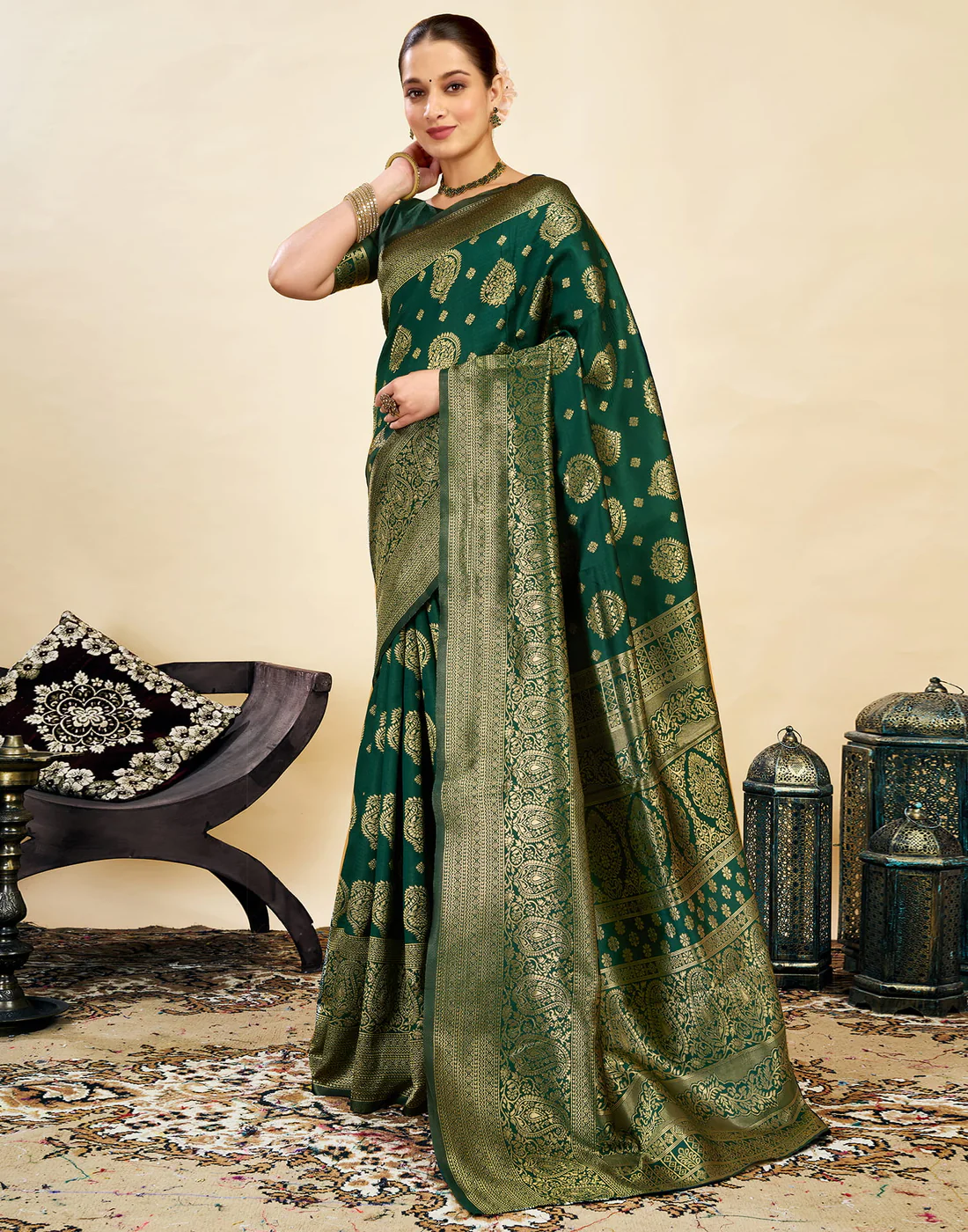 Bottle Green Jacquard Saree for Women with Golden Zari Weaving | Premium Festive, Wedding & Party Wear Saree with Unstitched Blouse Piece