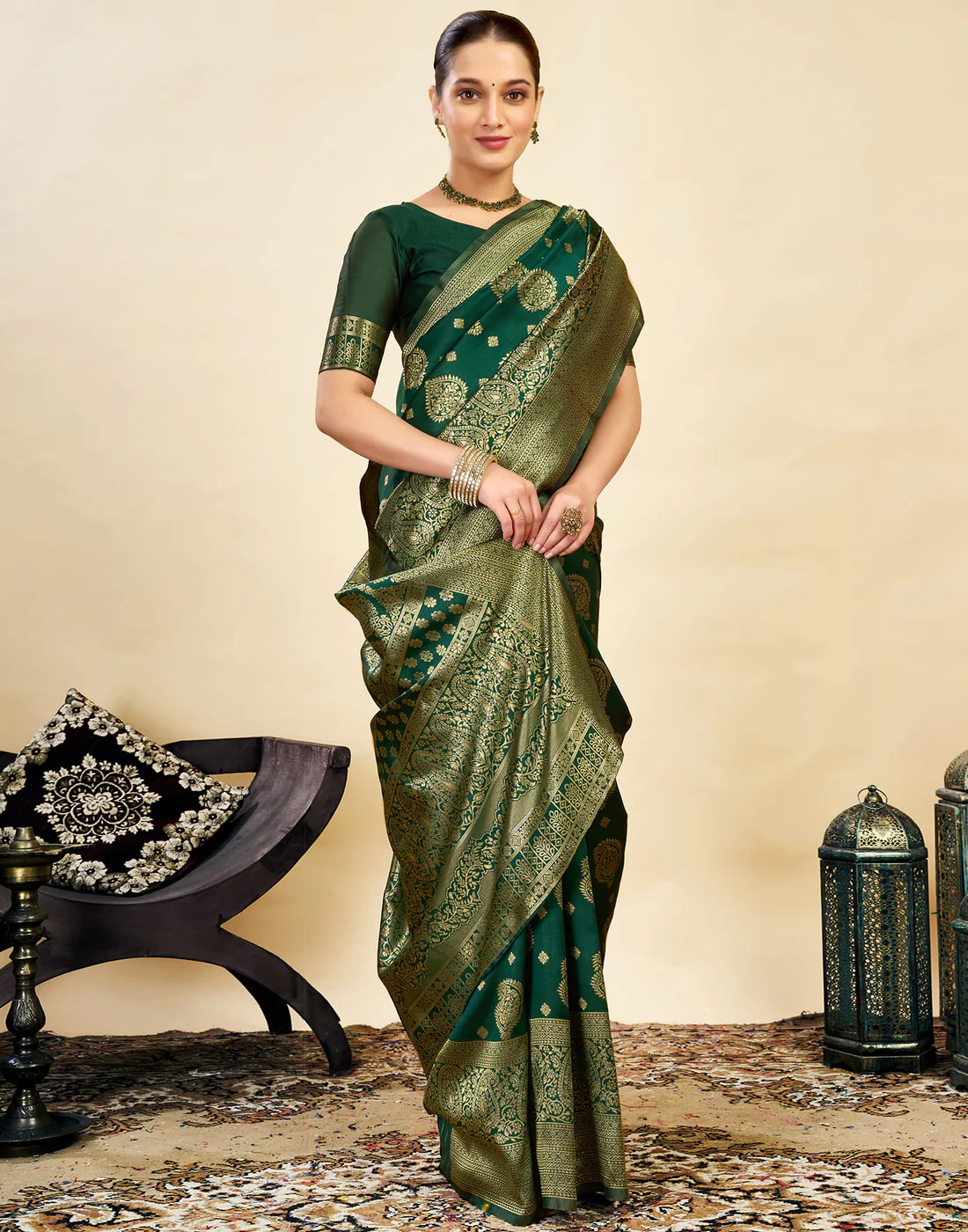 Bottle Green Jacquard Saree for Women with Golden Zari Weaving | Premium Festive, Wedding & Party Wear Saree with Unstitched Blouse Piece