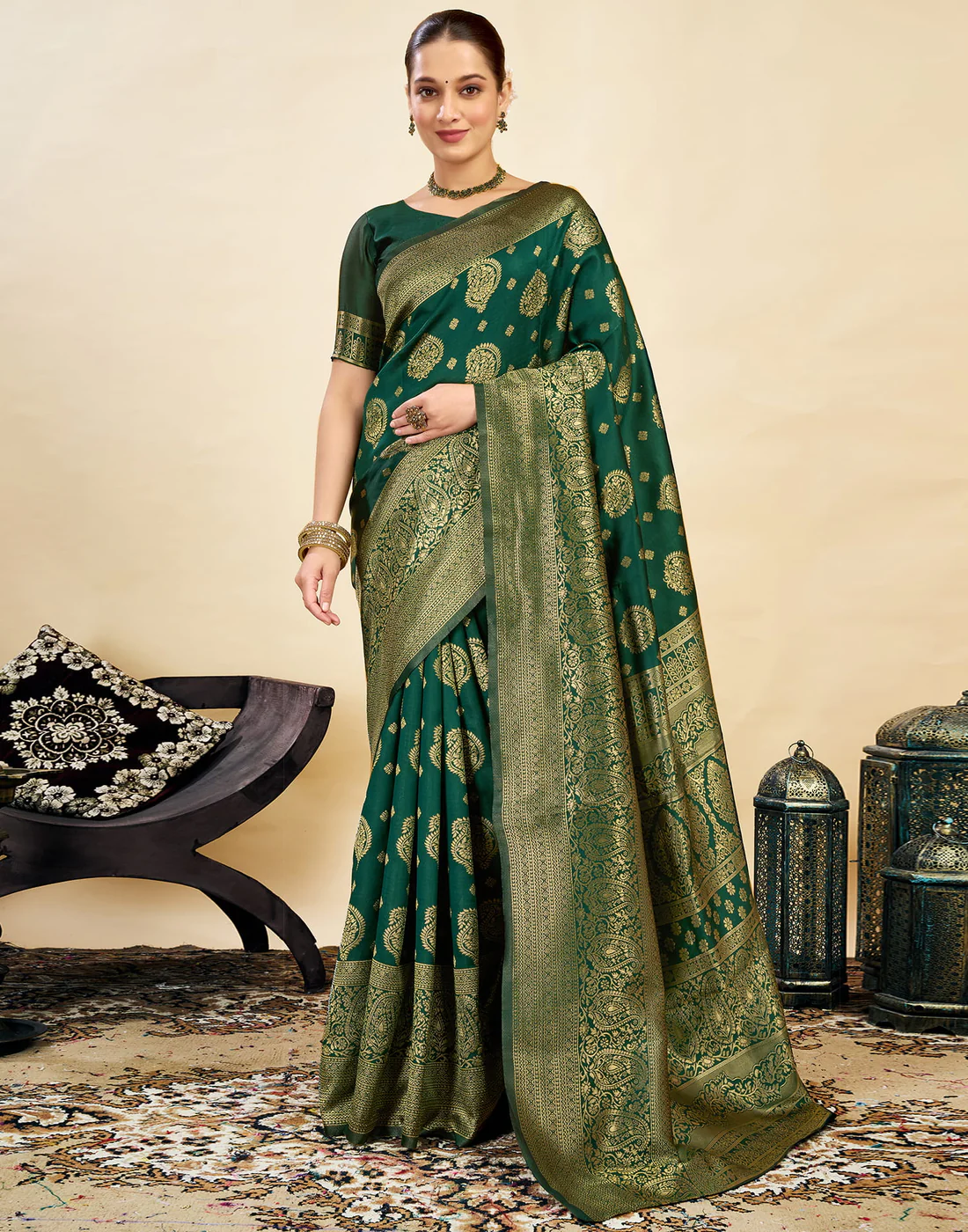Bottle Green Jacquard Saree for Women with Golden Zari Weaving | Premium Festive, Wedding & Party Wear Saree with Unstitched Blouse Piece