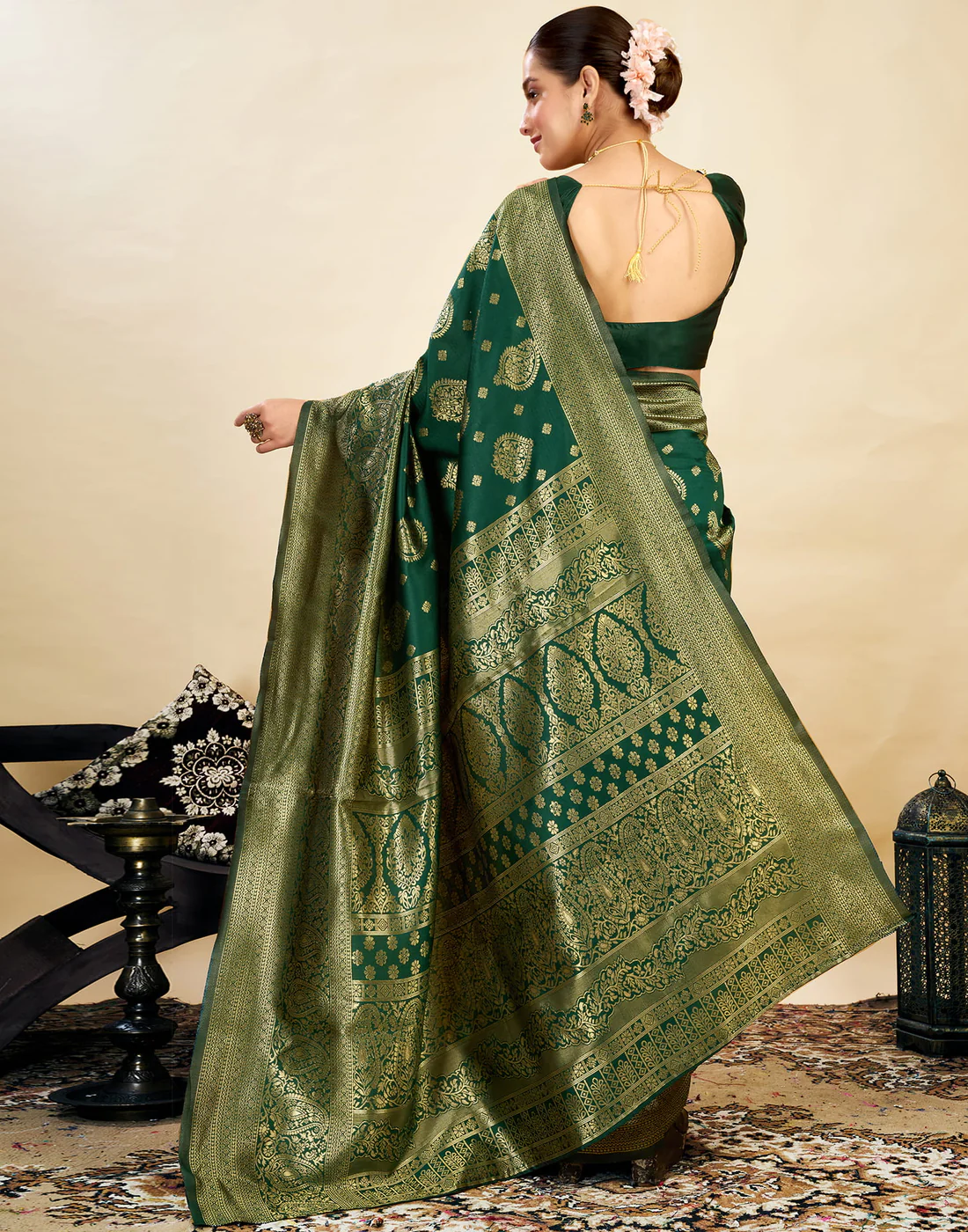 Bottle Green Jacquard Saree for Women with Golden Zari Weaving | Premium Festive, Wedding & Party Wear Saree with Unstitched Blouse Piece