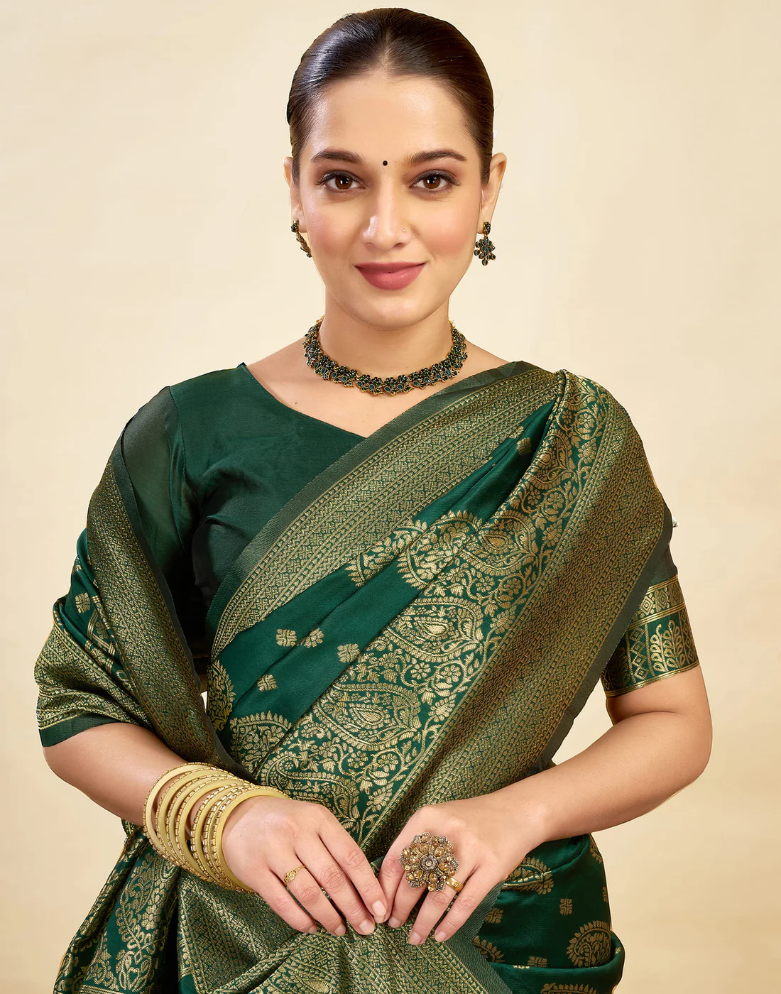 Bottle Green Jacquard Saree for Women with Golden Zari Weaving | Premium Festive, Wedding & Party Wear Saree with Unstitched Blouse Piece
