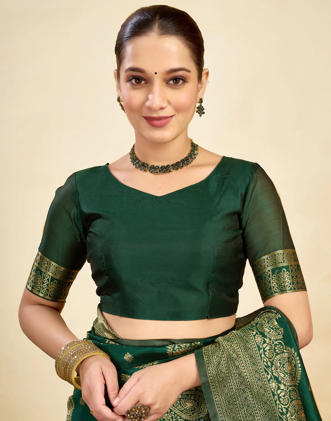Bottle Green Jacquard Saree for Women with Golden Zari Weaving | Premium Festive, Wedding & Party Wear Saree with Unstitched Blouse Piece