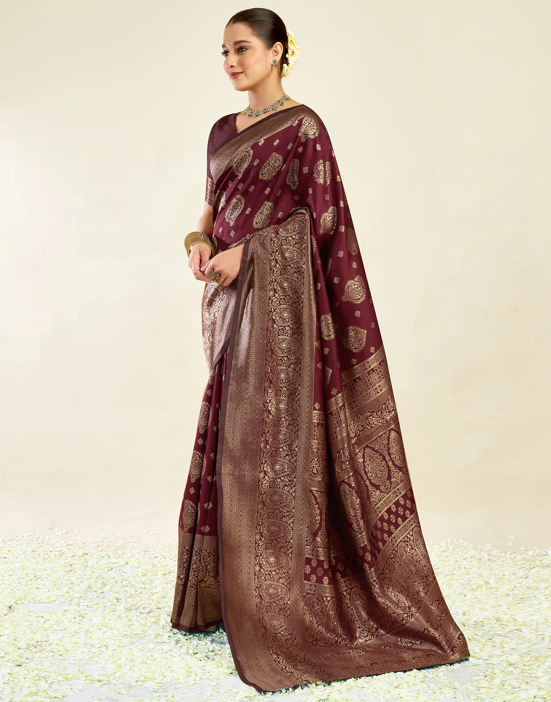 Maroon Jacquard Saree for Women with Golden Zari Weaving | Premium Festive, Wedding & Party Wear Saree with Unstitched Blouse Piece