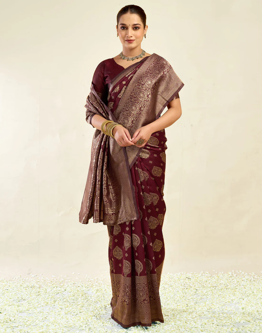 Maroon Jacquard Saree for Women with Golden Zari Weaving | Premium Festive, Wedding & Party Wear Saree with Unstitched Blouse Piece
