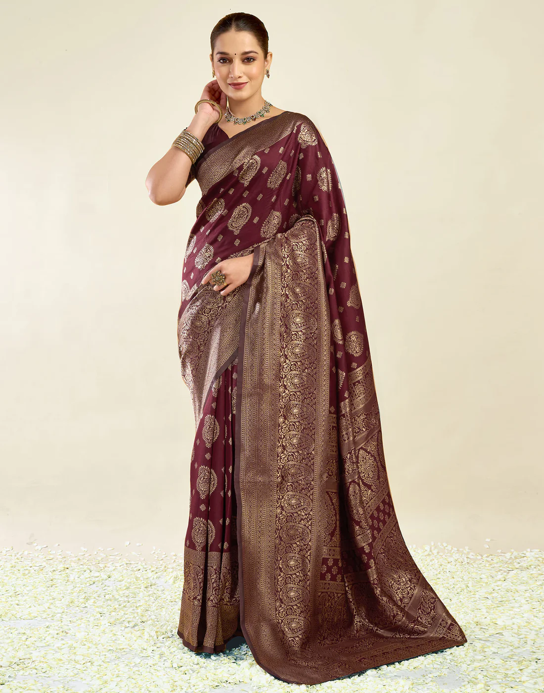 Maroon Jacquard Saree for Women with Golden Zari Weaving | Premium Festive, Wedding & Party Wear Saree with Unstitched Blouse Piece
