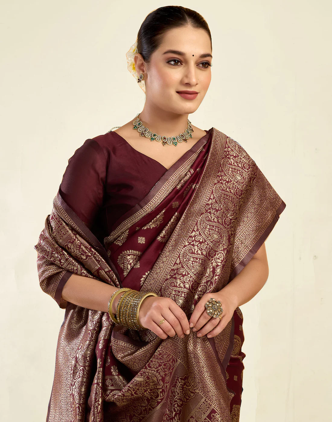 Maroon Jacquard Saree for Women with Golden Zari Weaving | Premium Festive, Wedding & Party Wear Saree with Unstitched Blouse Piece