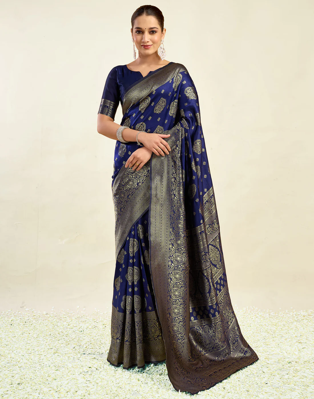 Navy Blue Jacquard Saree for Women with Golden Zari Weaving | Premium Festive, Wedding & Party Wear Saree with Unstitched Blouse Piece