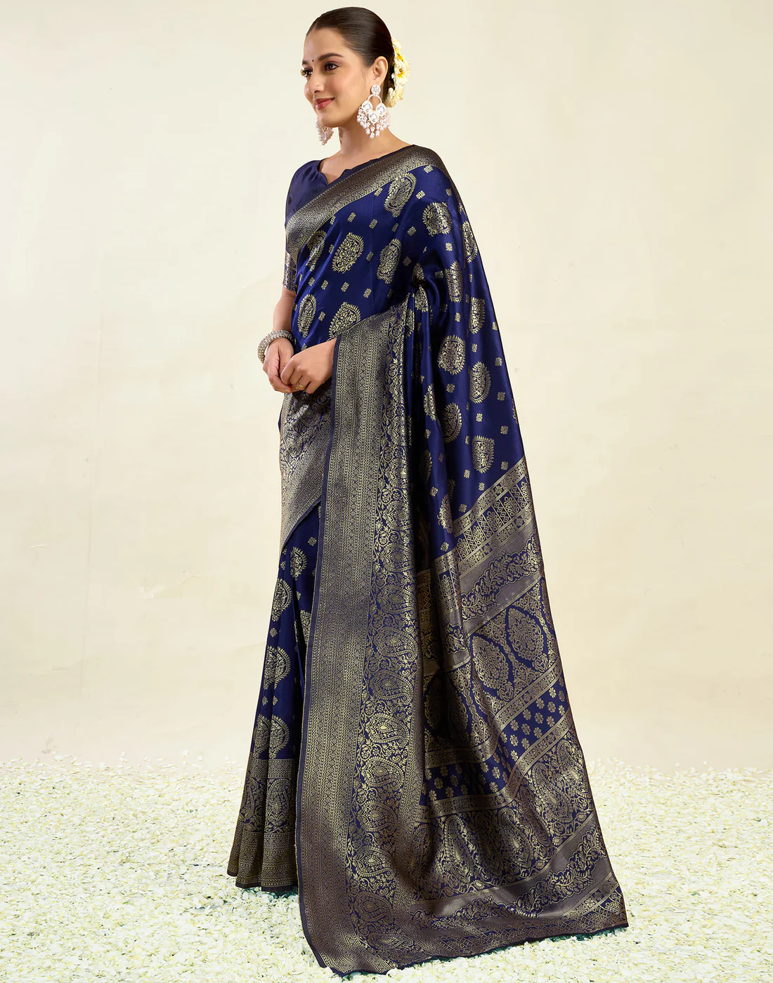 Navy Blue Jacquard Saree for Women with Golden Zari Weaving | Premium Festive, Wedding & Party Wear Saree with Unstitched Blouse Piece