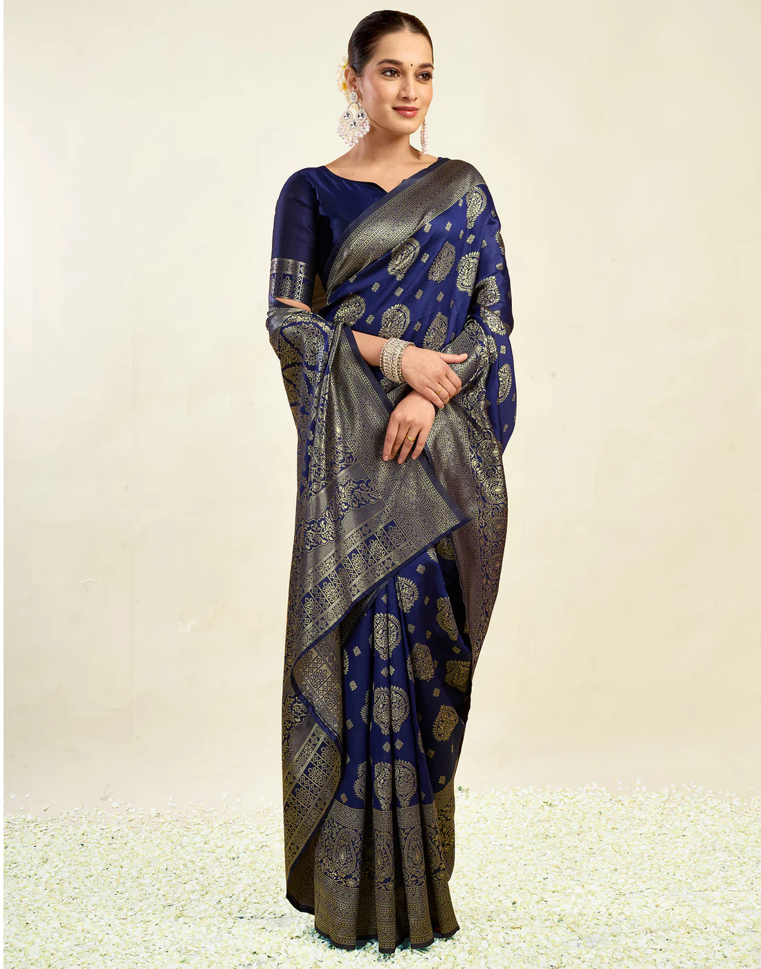 Navy Blue Jacquard Saree for Women with Golden Zari Weaving | Premium Festive, Wedding & Party Wear Saree with Unstitched Blouse Piece