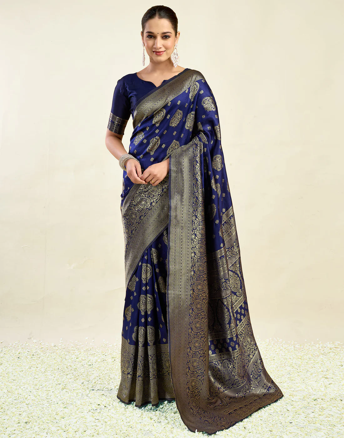 Navy Blue Jacquard Saree for Women with Golden Zari Weaving | Premium Festive, Wedding & Party Wear Saree with Unstitched Blouse Piece