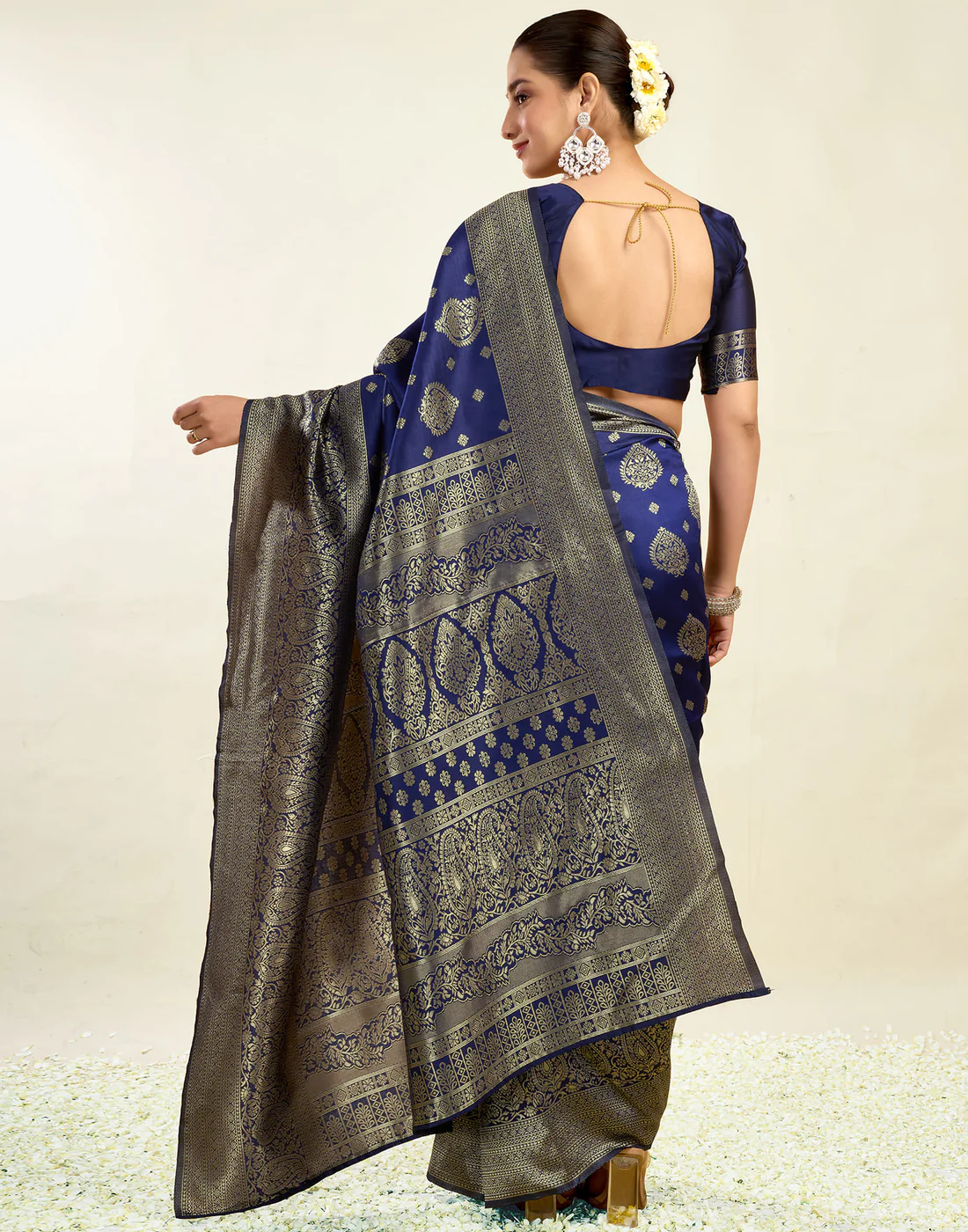 Navy Blue Jacquard Saree for Women with Golden Zari Weaving | Premium Festive, Wedding & Party Wear Saree with Unstitched Blouse Piece