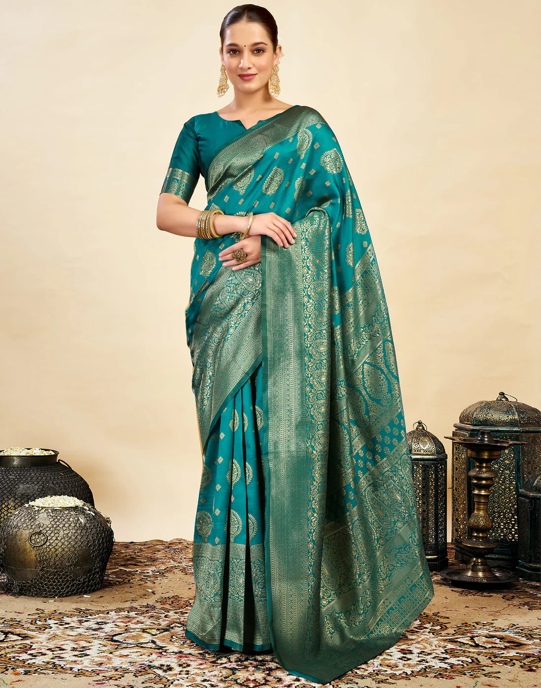 Turquoise Teal Jacquard Saree for Women with Golden Zari Weaving | Premium Festive, Wedding & Party Wear Saree with Unstitched Blouse Piece