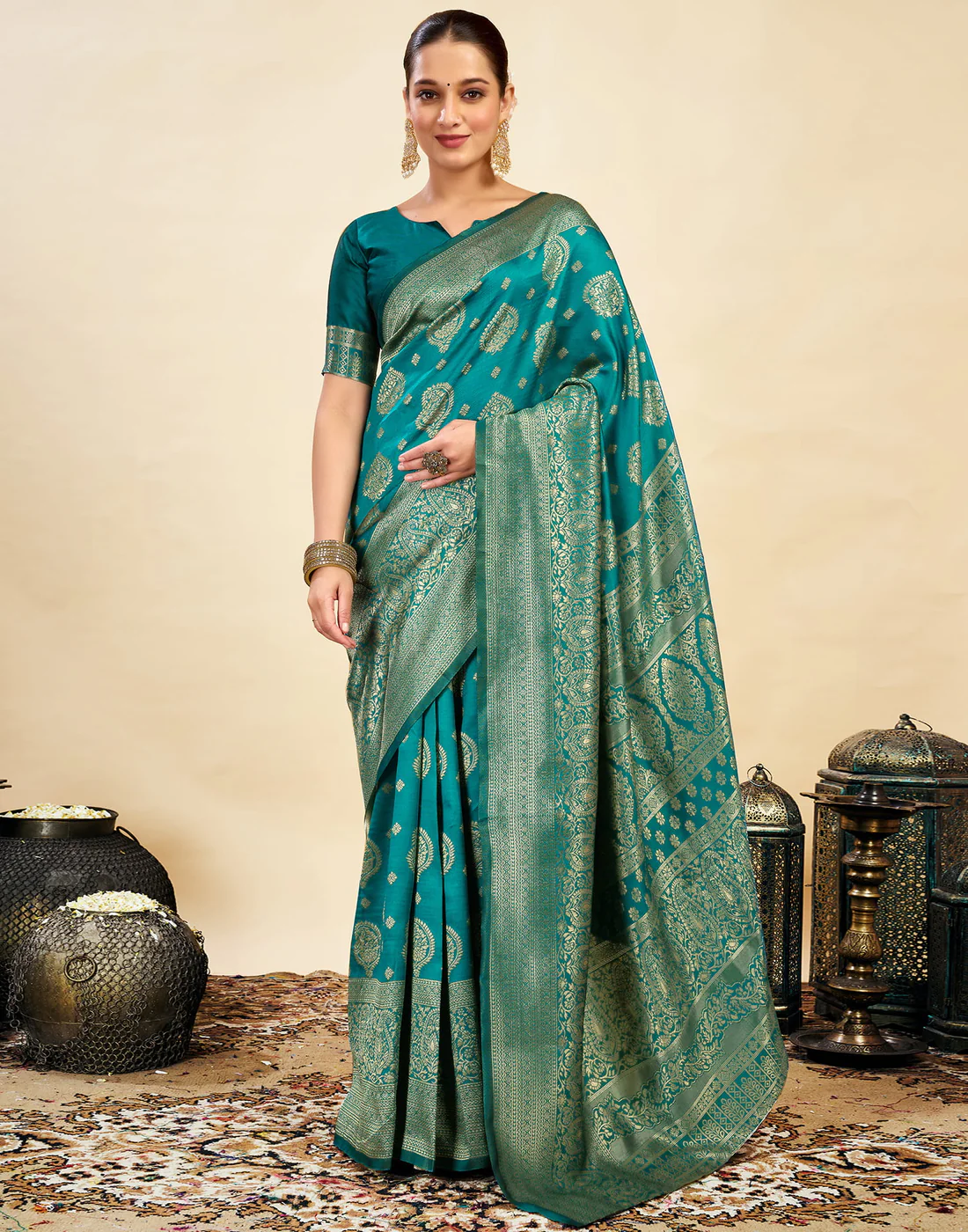 Turquoise Teal Jacquard Saree for Women with Golden Zari Weaving | Premium Festive, Wedding & Party Wear Saree with Unstitched Blouse Piece
