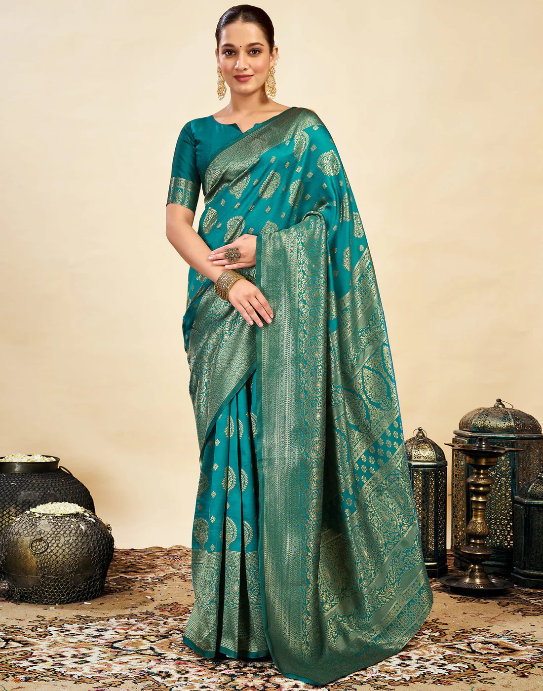 Turquoise Teal Jacquard Saree for Women with Golden Zari Weaving | Premium Festive, Wedding & Party Wear Saree with Unstitched Blouse Piece