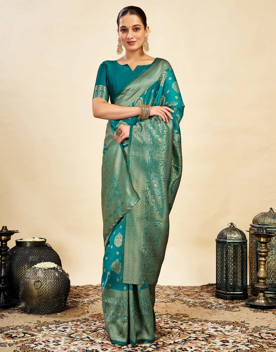 Turquoise Teal Jacquard Saree for Women with Golden Zari Weaving | Premium Festive, Wedding & Party Wear Saree with Unstitched Blouse Piece