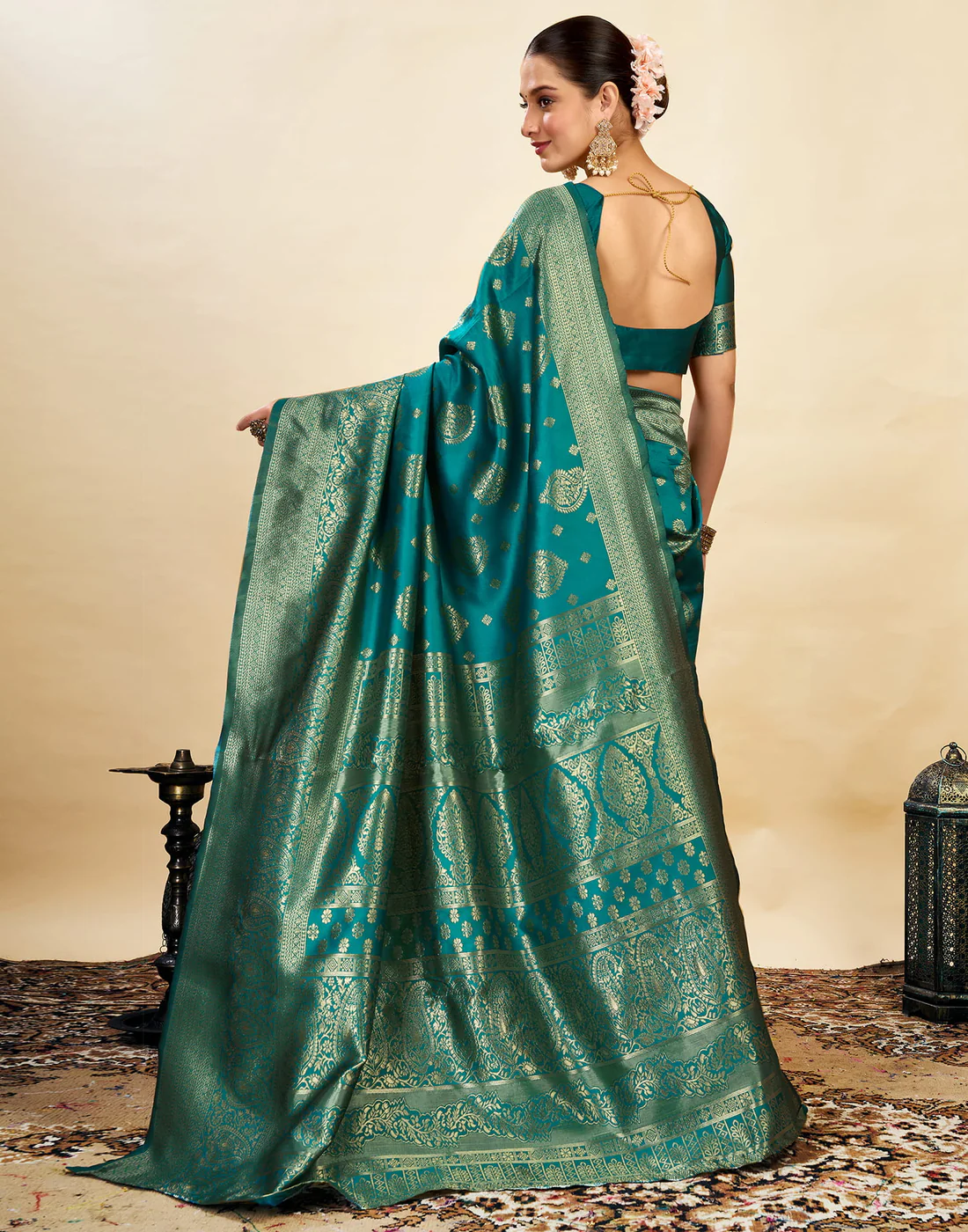 Turquoise Teal Jacquard Saree for Women with Golden Zari Weaving | Premium Festive, Wedding & Party Wear Saree with Unstitched Blouse Piece