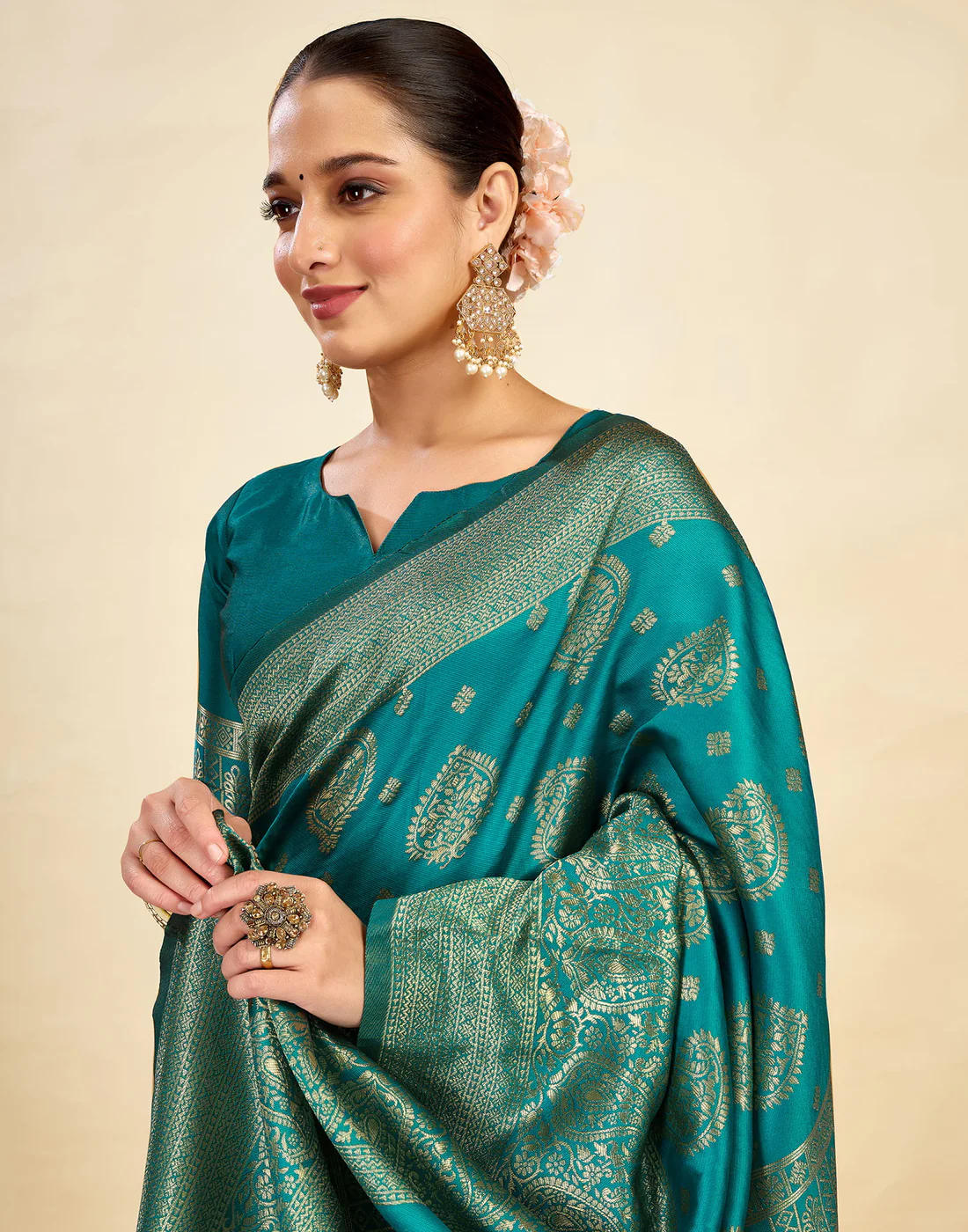 Turquoise Teal Jacquard Saree for Women with Golden Zari Weaving | Premium Festive, Wedding & Party Wear Saree with Unstitched Blouse Piece