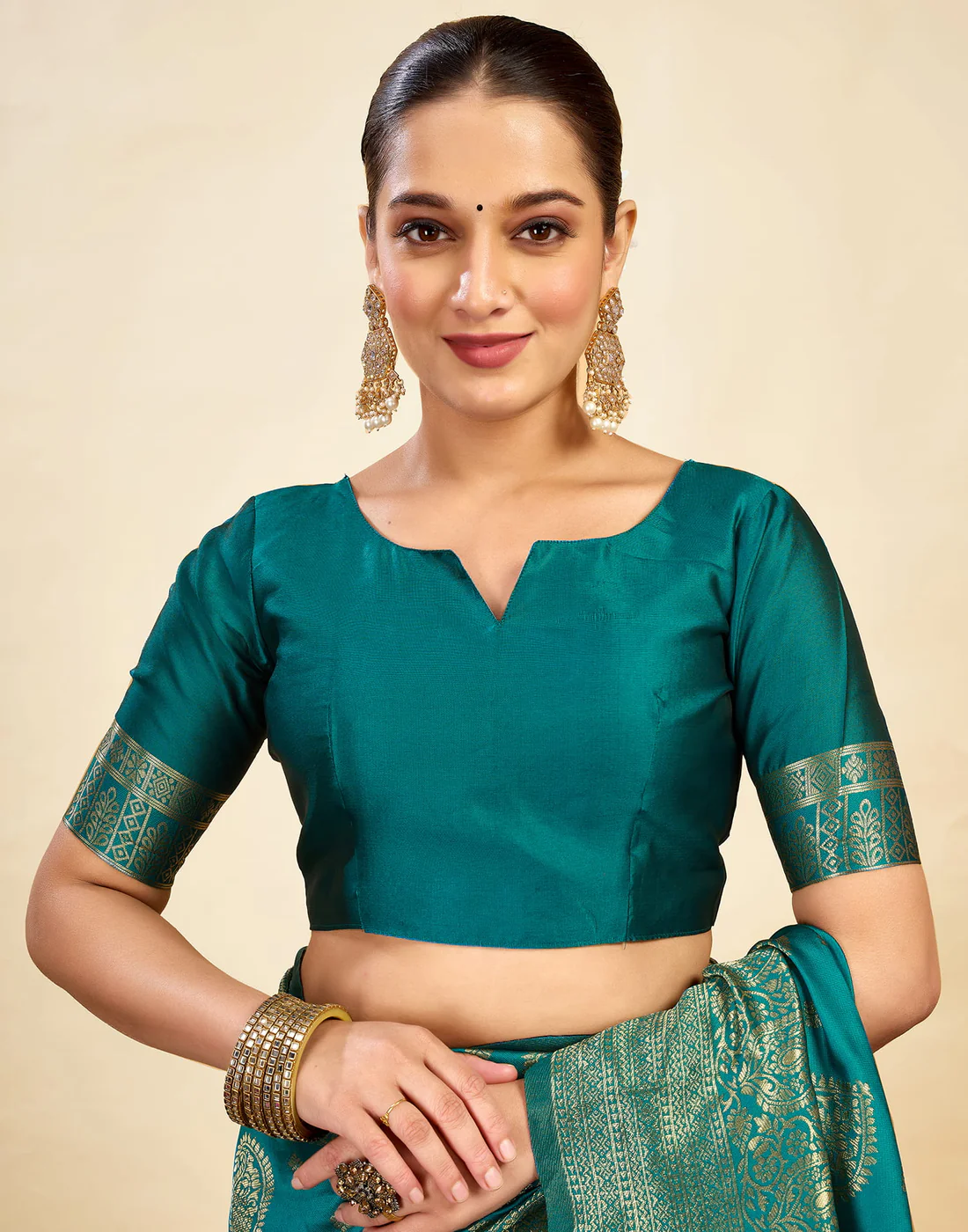 Turquoise Teal Jacquard Saree for Women with Golden Zari Weaving | Premium Festive, Wedding & Party Wear Saree with Unstitched Blouse Piece