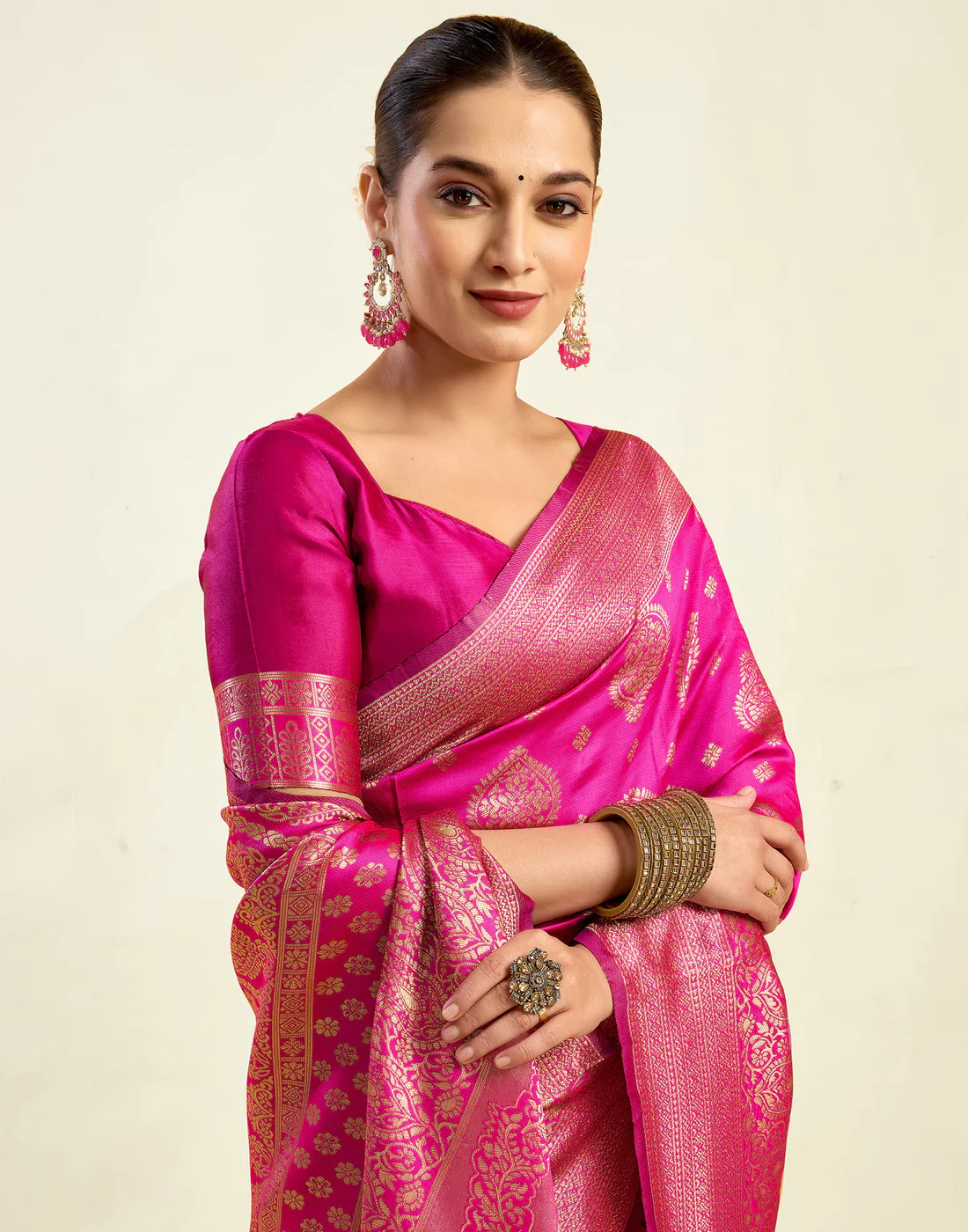 Royal Fuchsia Pink Jacquard Saree for Women with Golden Zari Weaving | Premium Festive, Party & Traditional Wear Saree with Unstitched Blouse Piece