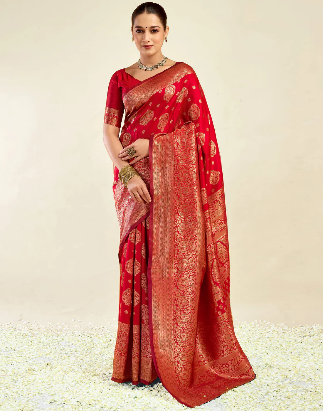 Red Jacquard Saree for Women with Golden Zari Weaving | Premium Wedding, Festive & Traditional Wear Saree with Unstitched Blouse Piece
