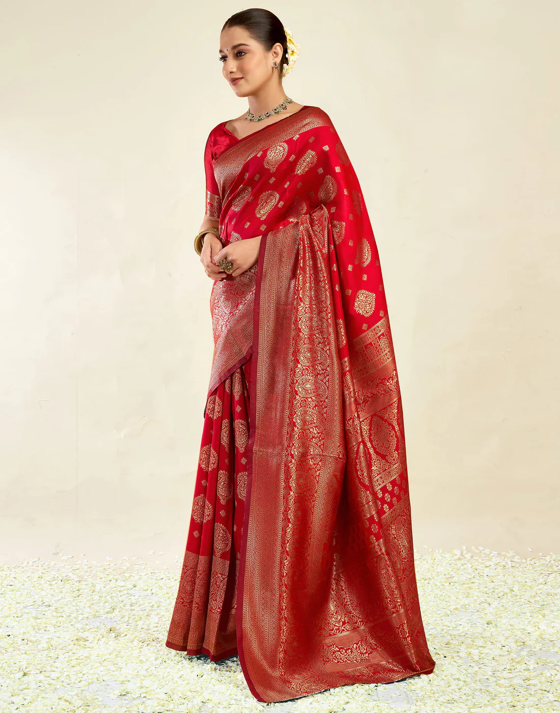 Red Jacquard Saree for Women with Golden Zari Weaving | Premium Wedding, Festive & Traditional Wear Saree with Unstitched Blouse Piece